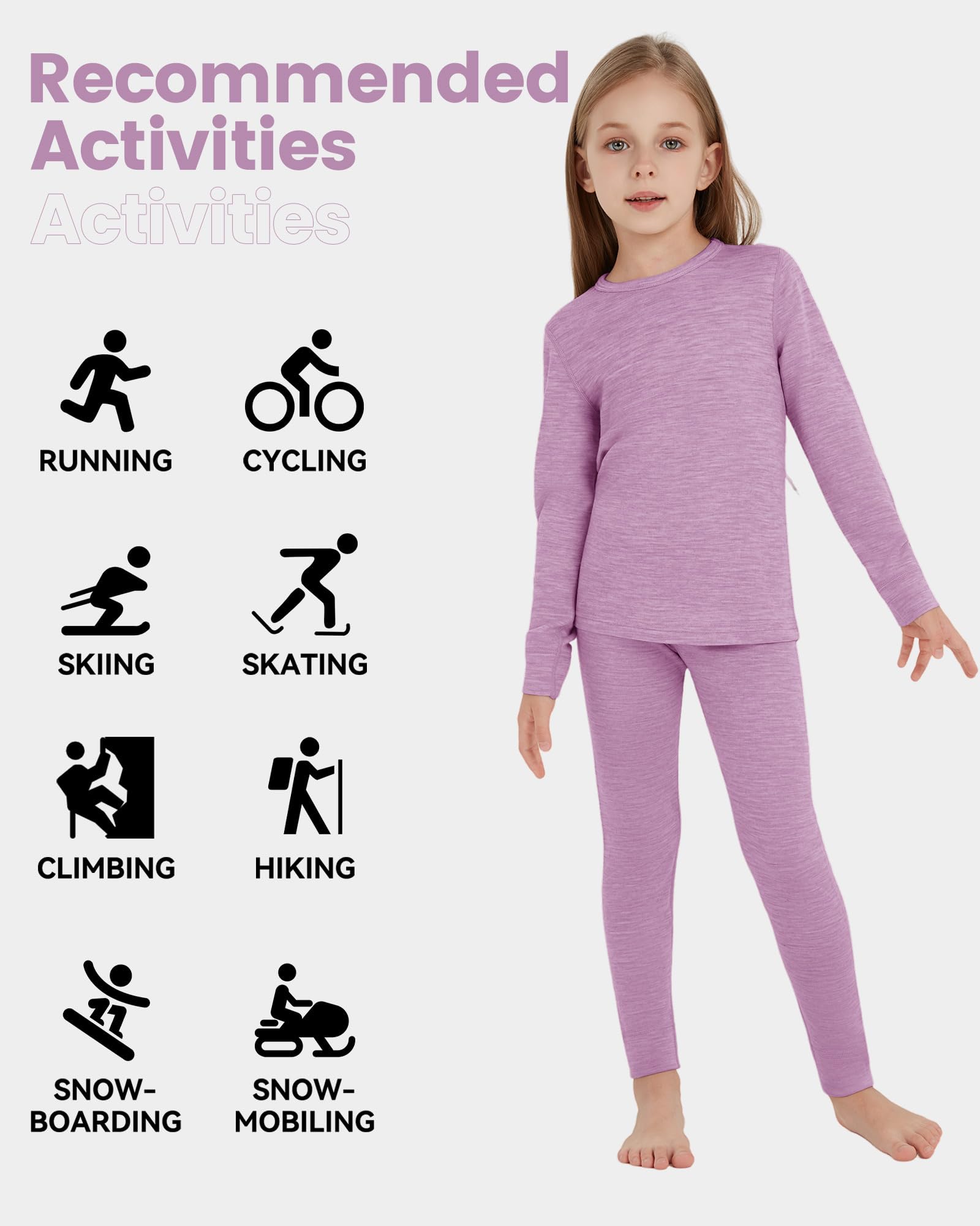 Ropa interior térmica infantil unisex, 100 % lana merino, juego para niños y niñas, ropa interior de esquí de invierno, cálida y cómoda, 260 g/m², color violeta 9-10