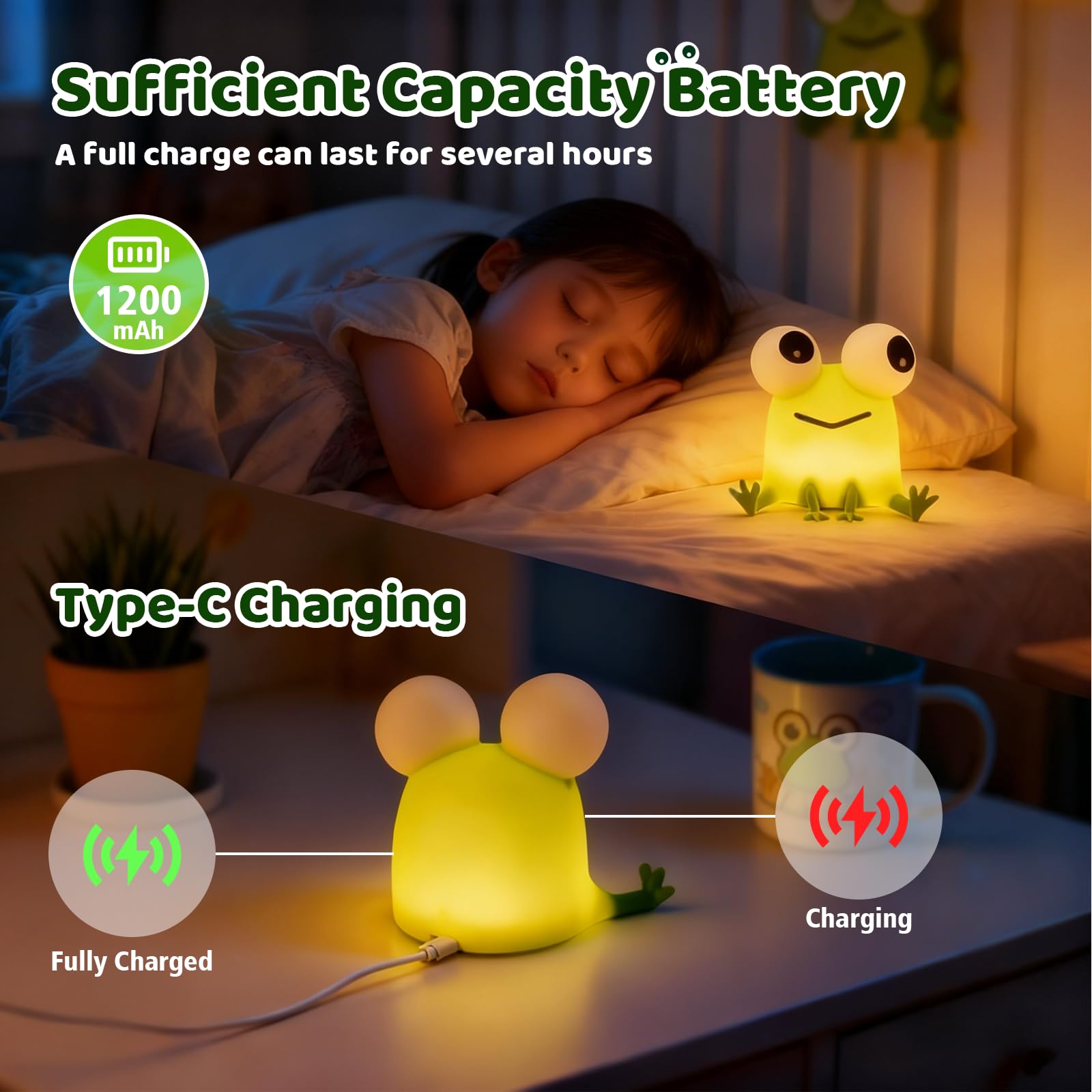 Gemmac Luz Nocturna Bebe con Forma de Rana, Lámpara de Mesita Noche Control Táctil Regulable USB Recargable LED Lámpara Silicona Recargable con Función Temporizador Luz Nocturna Infantil para Regalo