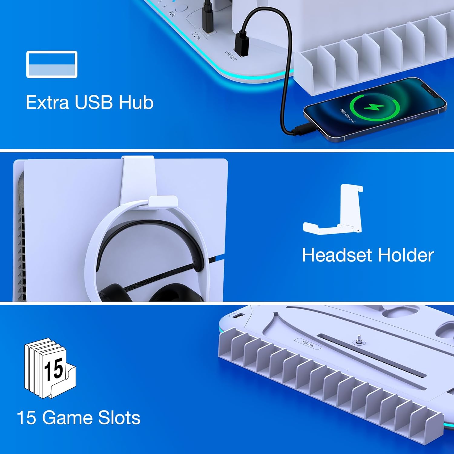 PS5/Slim/Pro Stand and Cooling Station with Controller Charging Station for PlayStation 5 Slim/Pro Console, PS5 Controller Charger, Cooling Stand, LED Light, Headset Holder for PS5 Accessories, White - Image 7