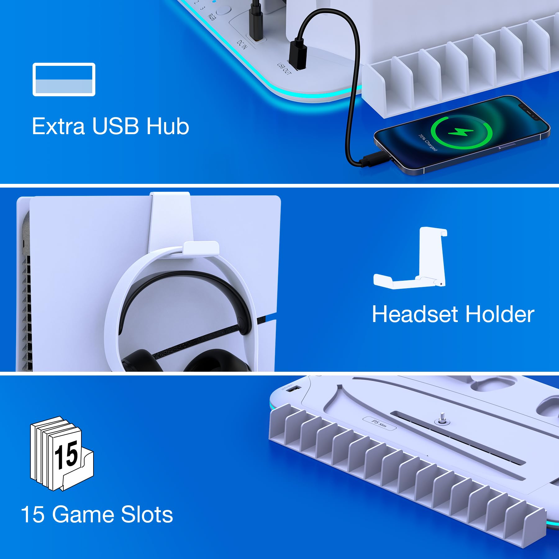 Supporto PS5, sottile supporto PS5 con stazione di raffreddamento e stazione di ricarica per console PS5 Slim Disc/Digital, accessori PS5, ventola di raffreddamento, LED RGB, supporto per cuffie, slot