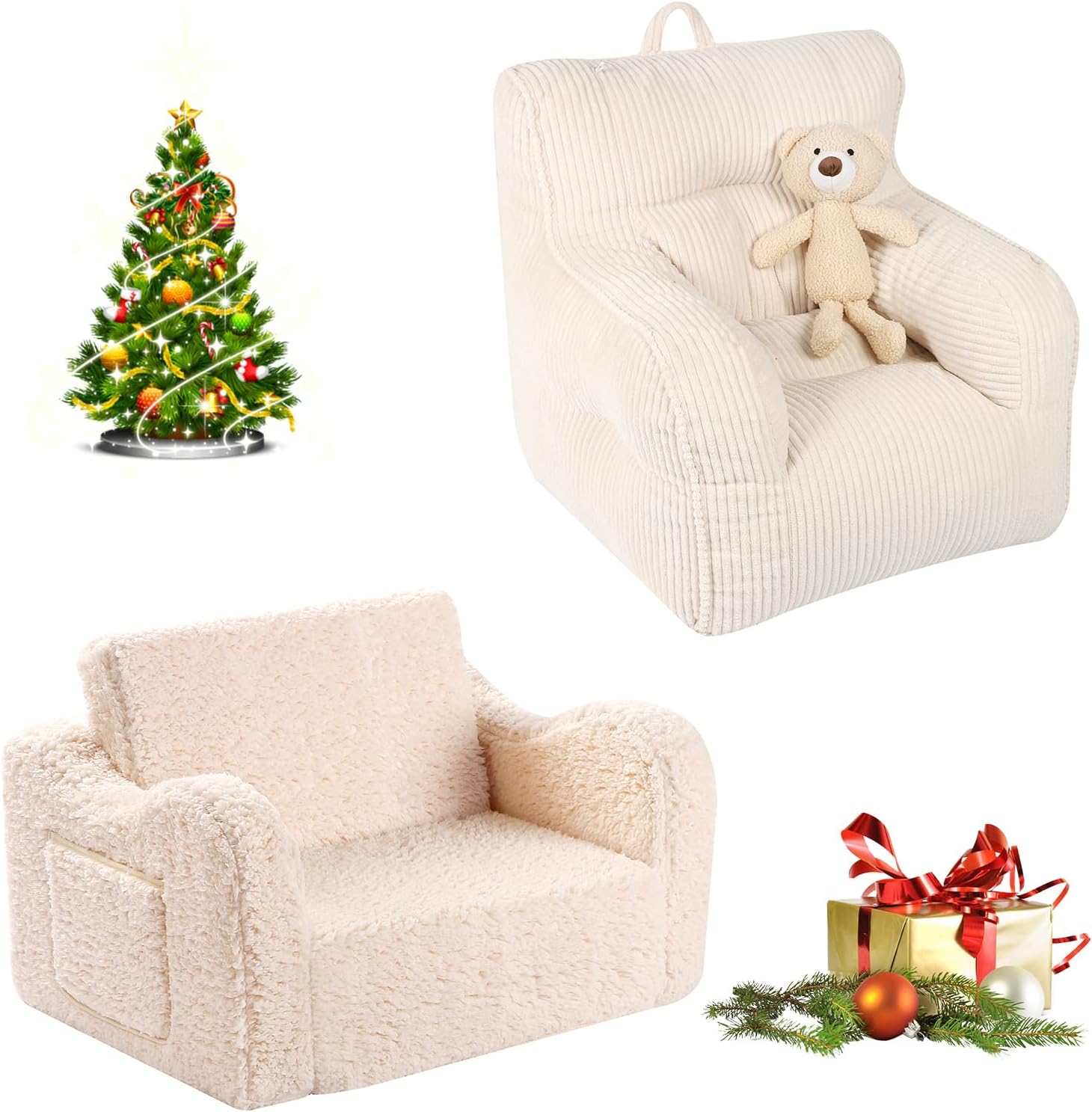 2-in-1 Toddler Couch and Kids Bean Bag Chair with Teddy Bear