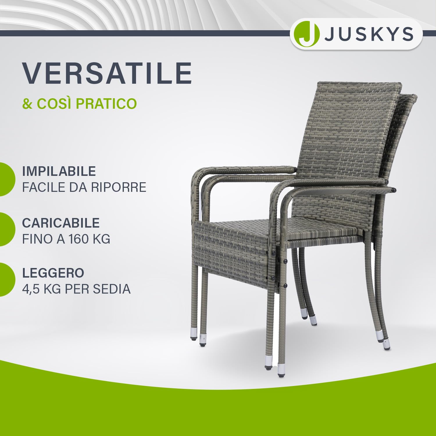 Juskys Sedie da giardino in polyrattan Yoro set da 2 con braccioli e schienale impilabili grigio melange