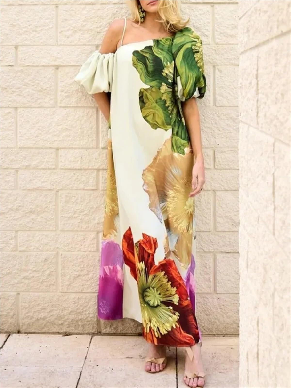 Vestido Playa Mujer Vestido Largo De Verano con Estampado Floral Un Solo Hombro, Elegante, for Fiesta, Noche, Vacaciones, Playa