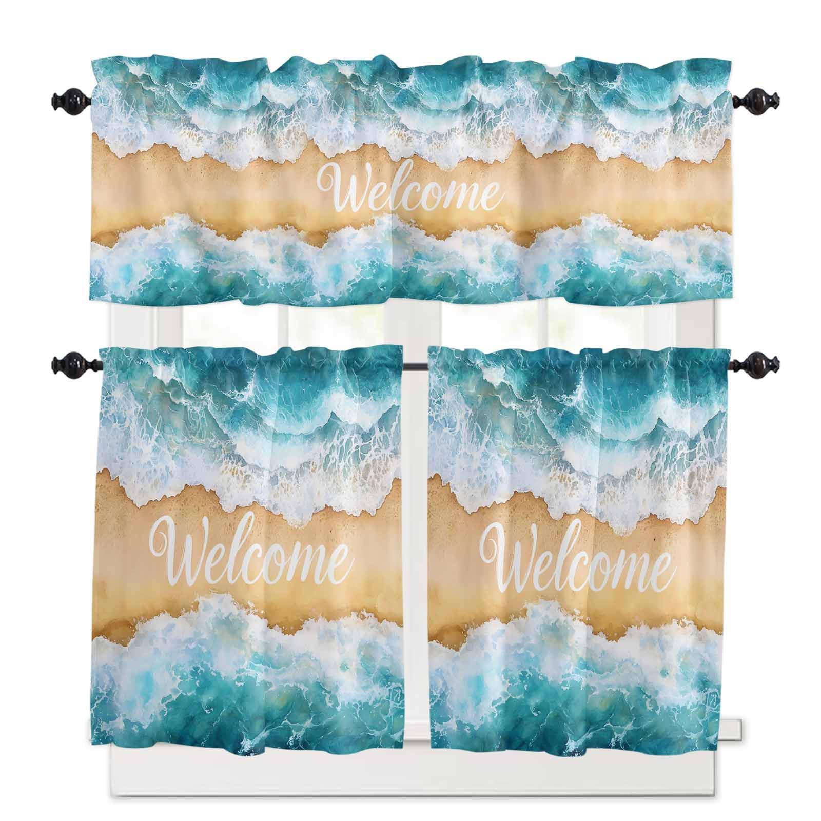Coastal Beach Kitchen Curtains 24 Inch Length, 3 Piece Rod Pocket Small Half Tiers and Valance Set, Summer Ocean Wave Small Large Window Treatment Decor for Bedroom/Bathroom Sink