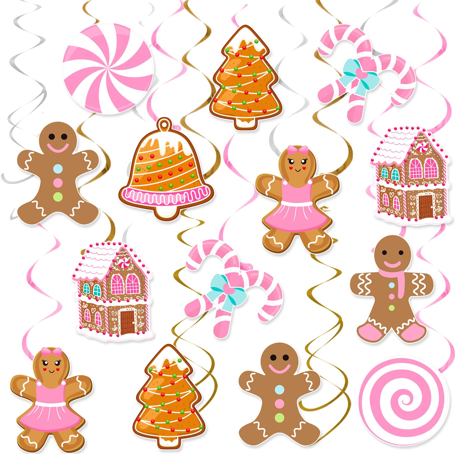 Gingerbread Man Party Hanging Swirls Christmas Gingerbread Birthday Decorations 20PCS Pink Christmas Theme Candy Cane Ceiling Hanging Streamers Xmas Party Supplies for Holiday Baby Shower Decor