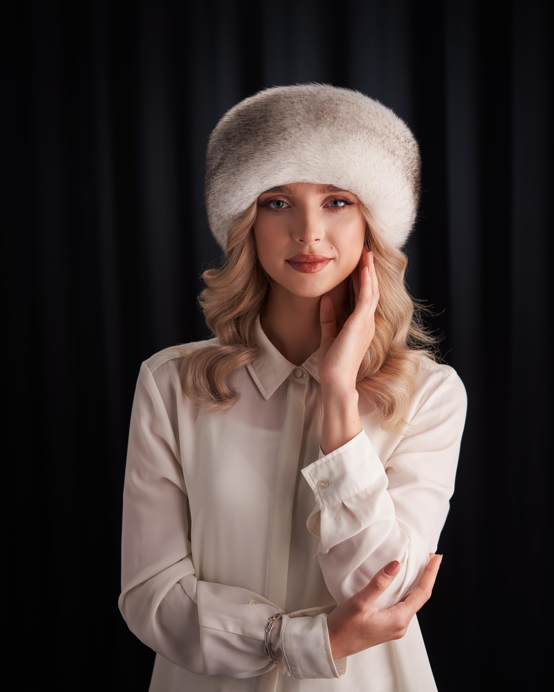 Futrzane Siberian Bandeau - Bandeau de Tete Fourrure Femme - Cache Oreille Hiver - Taille XS (Blanc avec Noir Siberian)