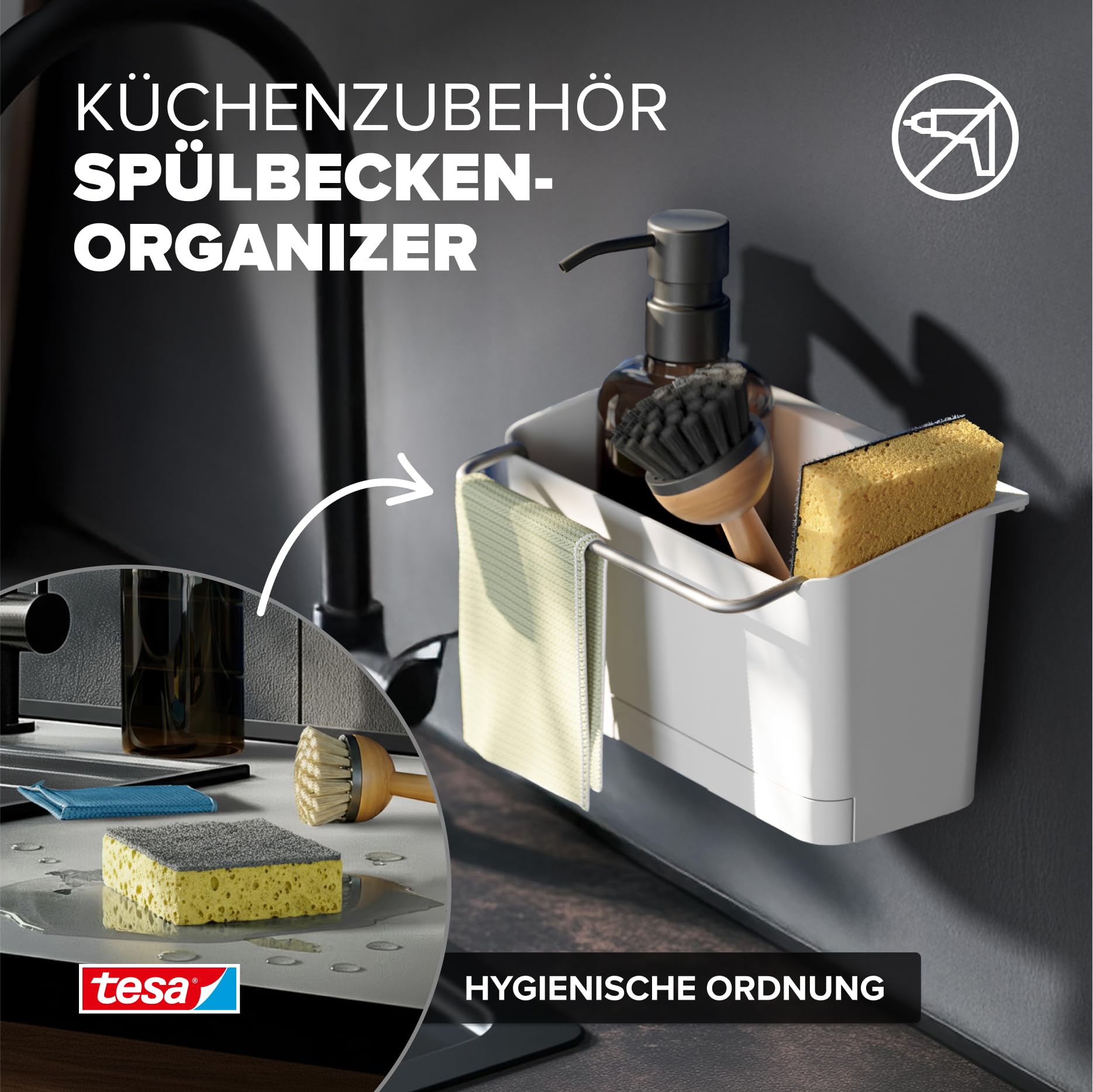 tesa Spülbecken-Organizer zum Kleben ohne Bohren – Schwammhalter Küche,Spülbürstenhalter & Spültuchhalter Spülbürste, Schwamm und Spüllappen - schmal – modernes Küchenzubehör Wandmontage – Weiß