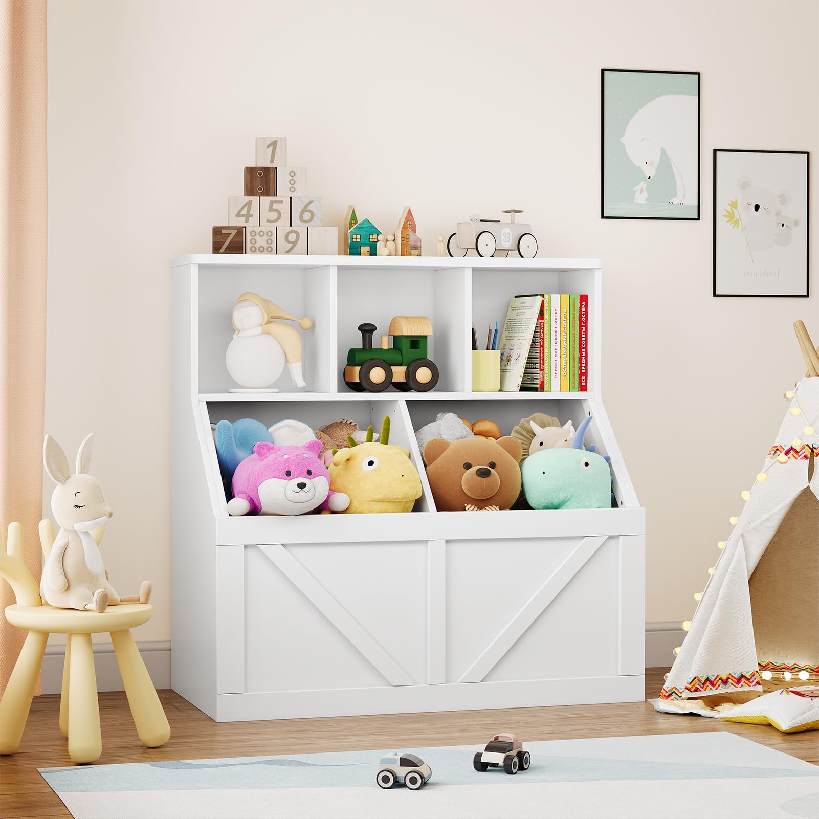 IDEALHOUSE 2er-Set Kinder-Bücherregal Mit Spielzeugaufbewahrung - Holz-Organizer Mit Offenen Cubby-Fächern Und Stoffboxen Fürs Kinderzimmer, Spielzimmer Und Kita
