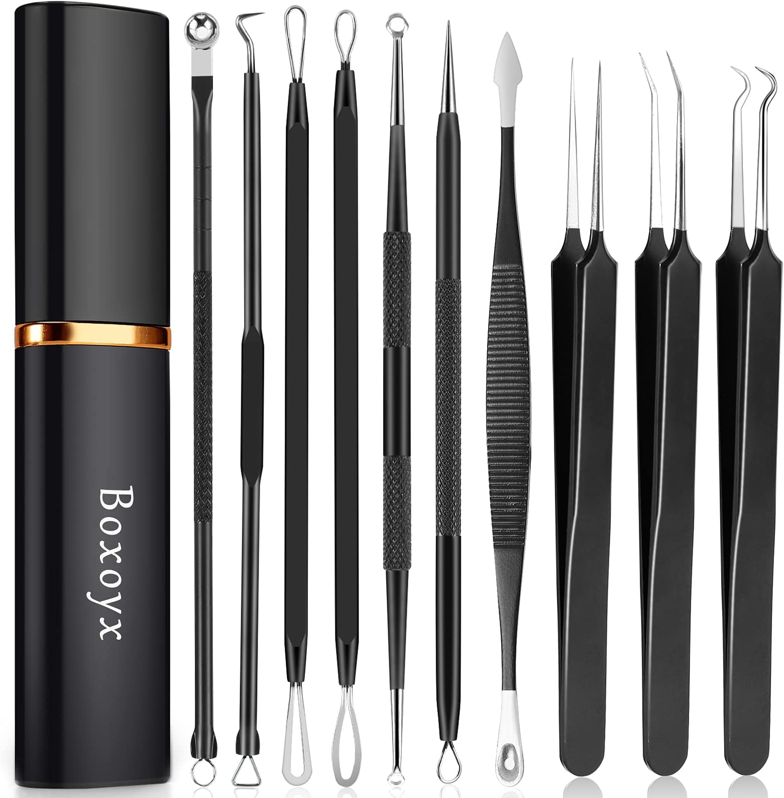 Pimple Popper Tool Kit - 10Pcs Blackhead Remover Comedone Extractor Tool Kit with Metal Case for Quick and Easy Removal of Pimples, Blackheads, Zit Removing, Forehead, Facial and Nose(Black)