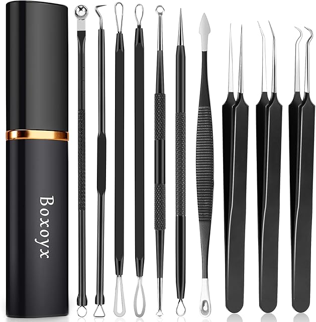 Boxoyx Pimple Popper Tool Kit - 10Pcs Blackhead Remover Comedone Extractor Tool Kit with Metal Case for Quick and Easy Removal of Pimples, Blackheads, Zit Removing, Forehead, Facial and Nose(Black)