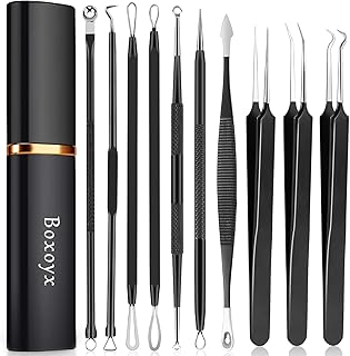 Boxoyx Pimple Popper Tool Kit - 10Pcs Blackhead Remover Comedone Extractor Tool Kit with Metal Case for Quick and Easy Removal of Pimples, Blackheads, Zit Removing, Forehead, Facial and Nose(Black)