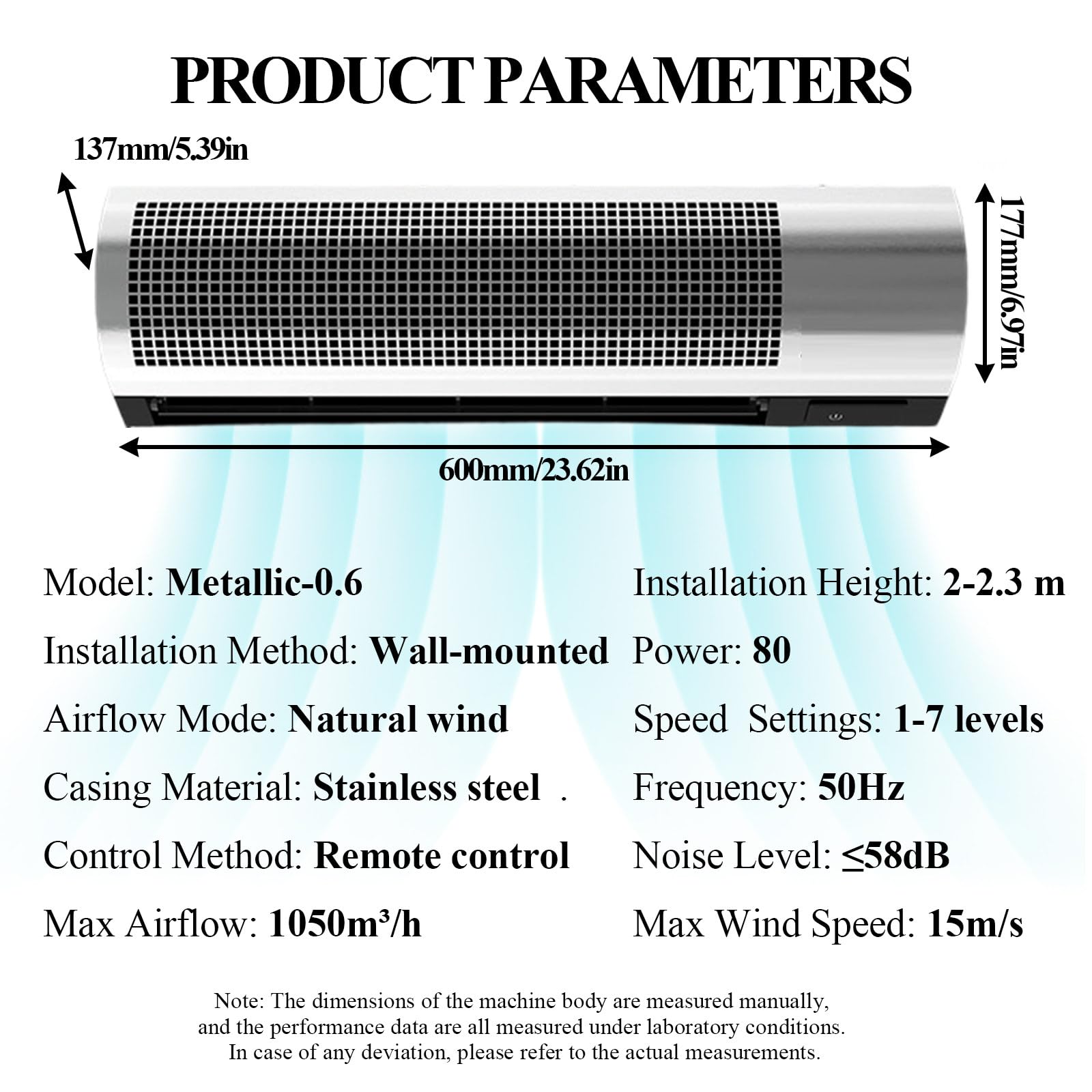 Rideau d;air Mural réglable avec télécommande - 7 Vitesses et Directions, idéal pour la Maison, Le Bureau et Les commerces - Finition métallique (White 0.8)