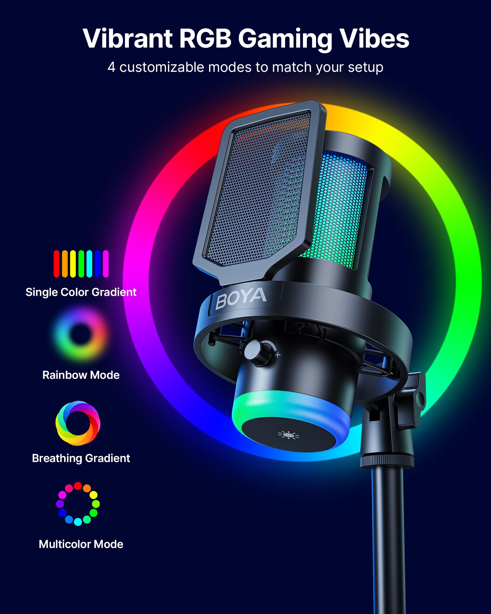 BOYA G30 Microphone Gaming USB PC/PS4/PS5, 192/96/48 kHz, 24/16 Bits, RGB, Réduction de Bruit, Mute, Contrôle du Gain, Monitoring, Filtre Anti-Pop, Micro à Condensateur pour Streaming et Podcast