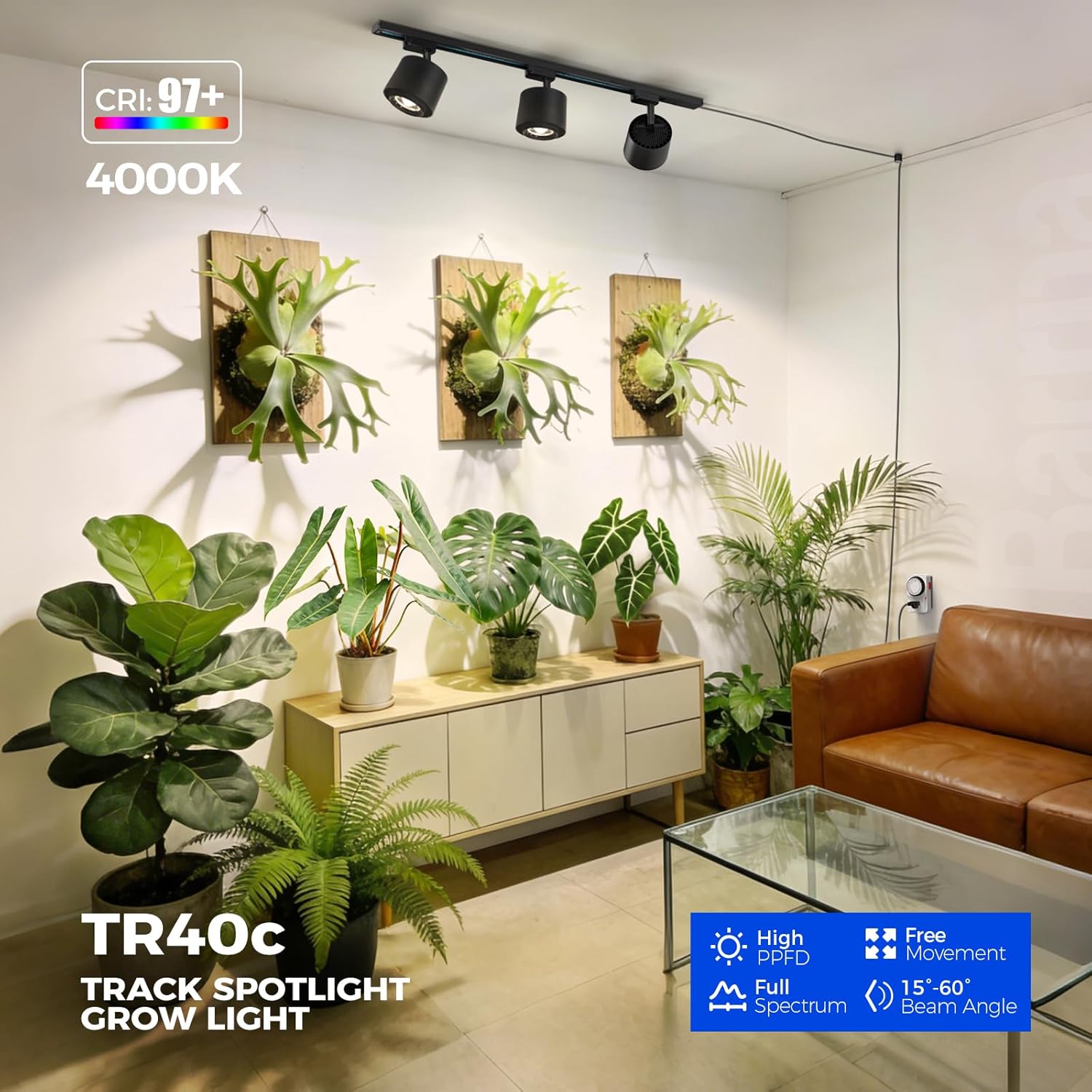Barrina TR40c Track Grow Light for Indoor Growing, 3 x 40W, 15°-60° Adjustable Beam Angle, 4000K Ceiling Mount Full Spectrum Grow Lamp, LED H-Type Plant Light Bulbs for House Plants with Timer, Blcak