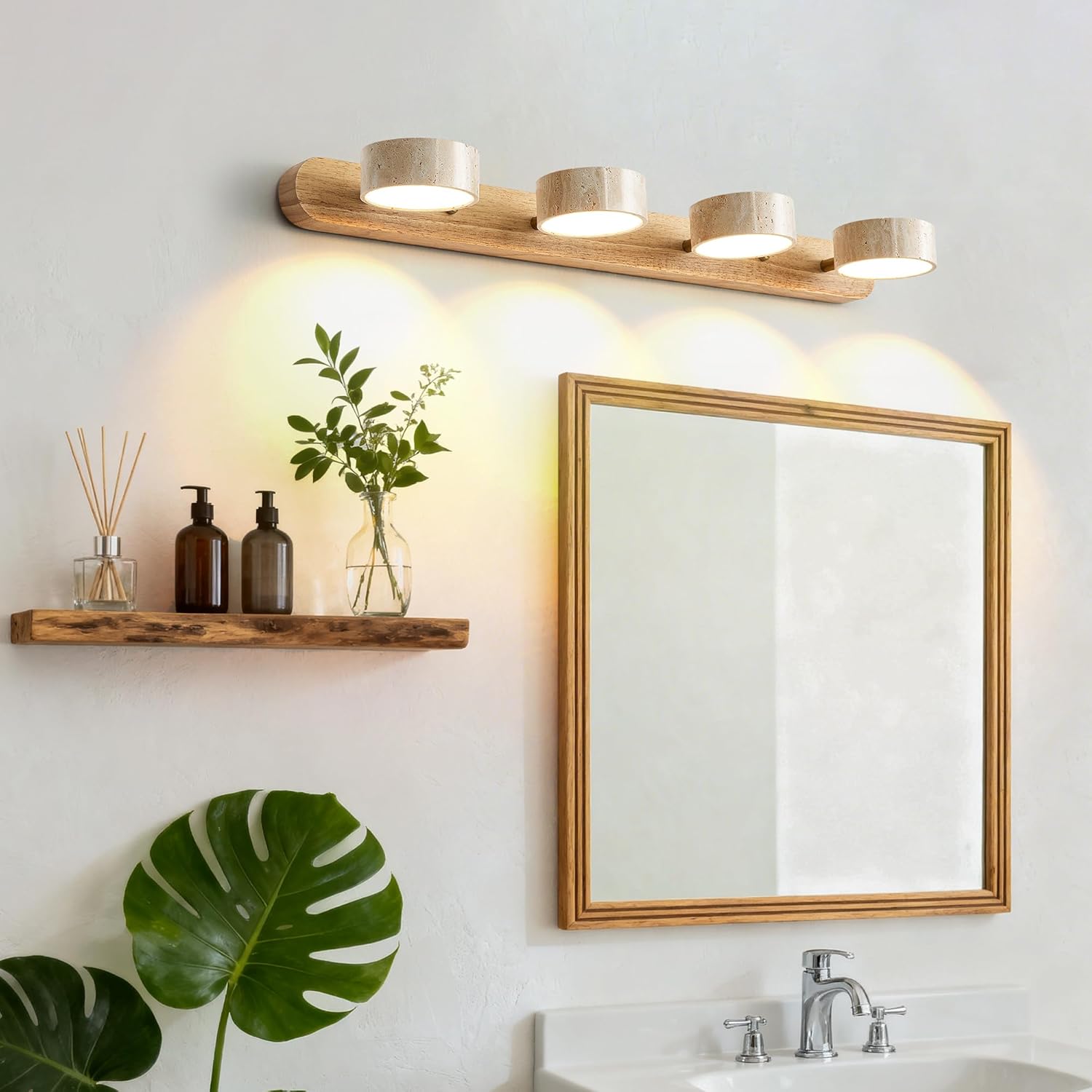 Farmhouse Wood Vanity Light, LED Mirror Light with 4 Travertine Stone Shades, 300° Rotatable Modern Rustic Vanity Lights Fixture Wall Lamp for Bathroom Bedroom Living Room Hallway
