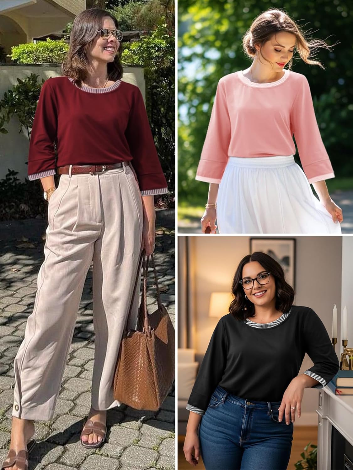 ATHMILE Women's 3/4 Length Sleeve Tops Dressy Casual Striped Crew Neck Fall T Shirts Spring Blouse Summer Tunics - Image 5