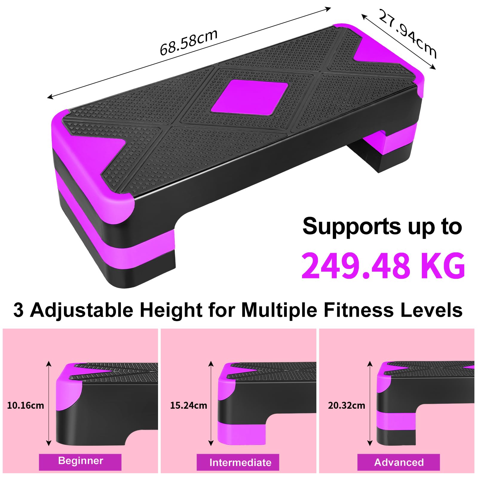 Fitness-Trittbrett, Aerobic-Stepper, 27-Zoll-Trittplatte, verstellbare Höhe (10 CM / 4 Zoll, 15 CM / 6 Zoll, 20CM / 8 Zoll), praktisch zu verstauen, Violett (LILA)