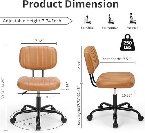 Miniatura 2 de DUMOS Silla de oficina en casa sin brazos, escritorio ergonómico con cómodo soporte lumbar de espalda baja, altura ajustable de piel sintética con