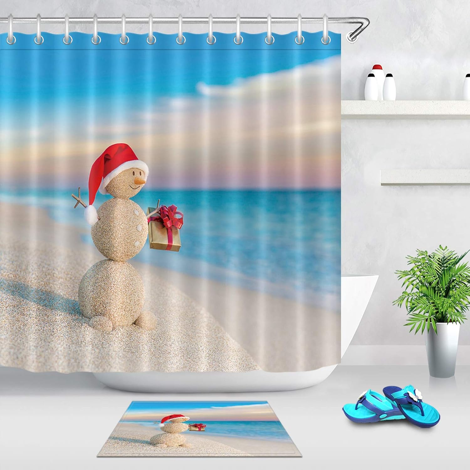 LB Tropical Christmas Snowman Shower Curtain for Kids Cute Sand Snowman with Gifts on Beach Scene Funny Xmas Bathroom Curtain Fabric Bathroom Decor 78x72 Inch