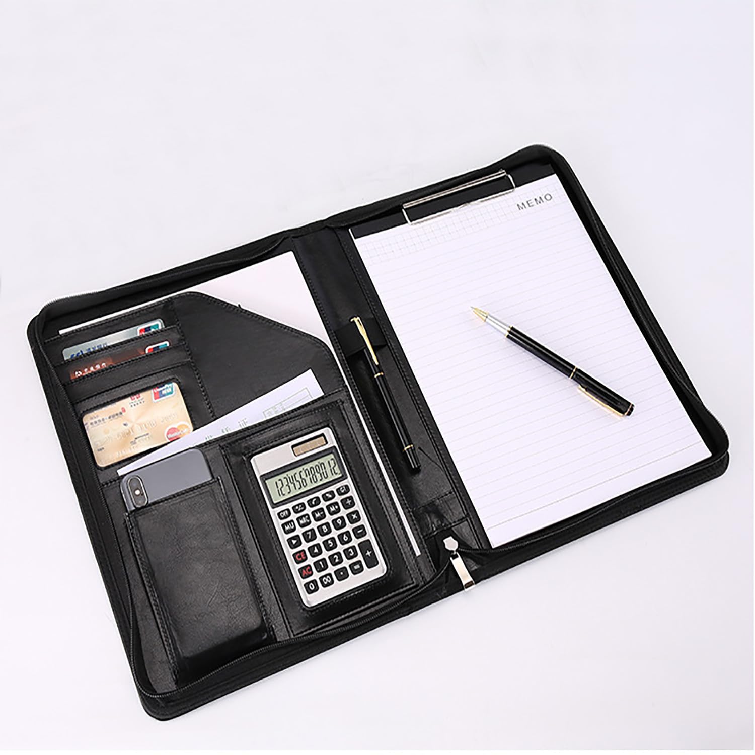 Porte Documents A4,avec Porte-Plaque en Alliage et Calculatrice,avec Fermeture éclair,pour Réunion,Bureau,école
