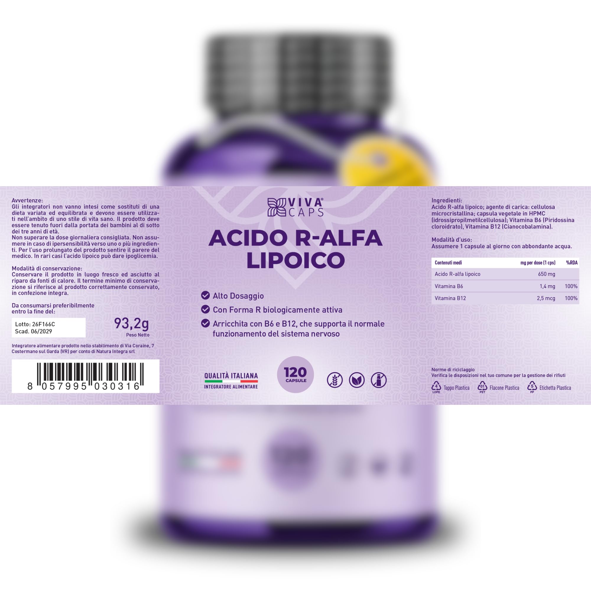 Acido r alfa lipoico alto dosaggio 650mg 120 cps 1 al giorno per 4 mesi, acido alfa lipoico con vitamina b6 e vitamina b12 - Made in Italy