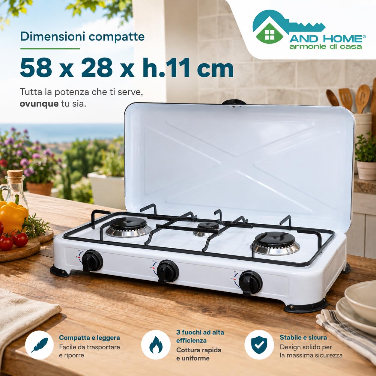 Fornello a Gas GPL 3 Fuochi - 2,9 kW - Portatile in Acciaio Inox