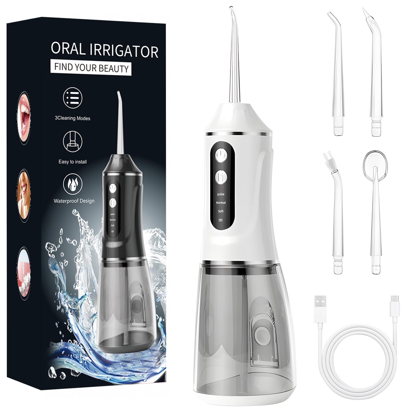 Idropulsore Dentale Oral,Irrigatore Orale,Idropulsore Dentale Portatile,Elettrico Oral Water,con 5 Modalità e 6 Beccucci,Serbatoio da 380ml,Impermeabile IPX7,per Uso Domestico e Viaggi(Bianco)