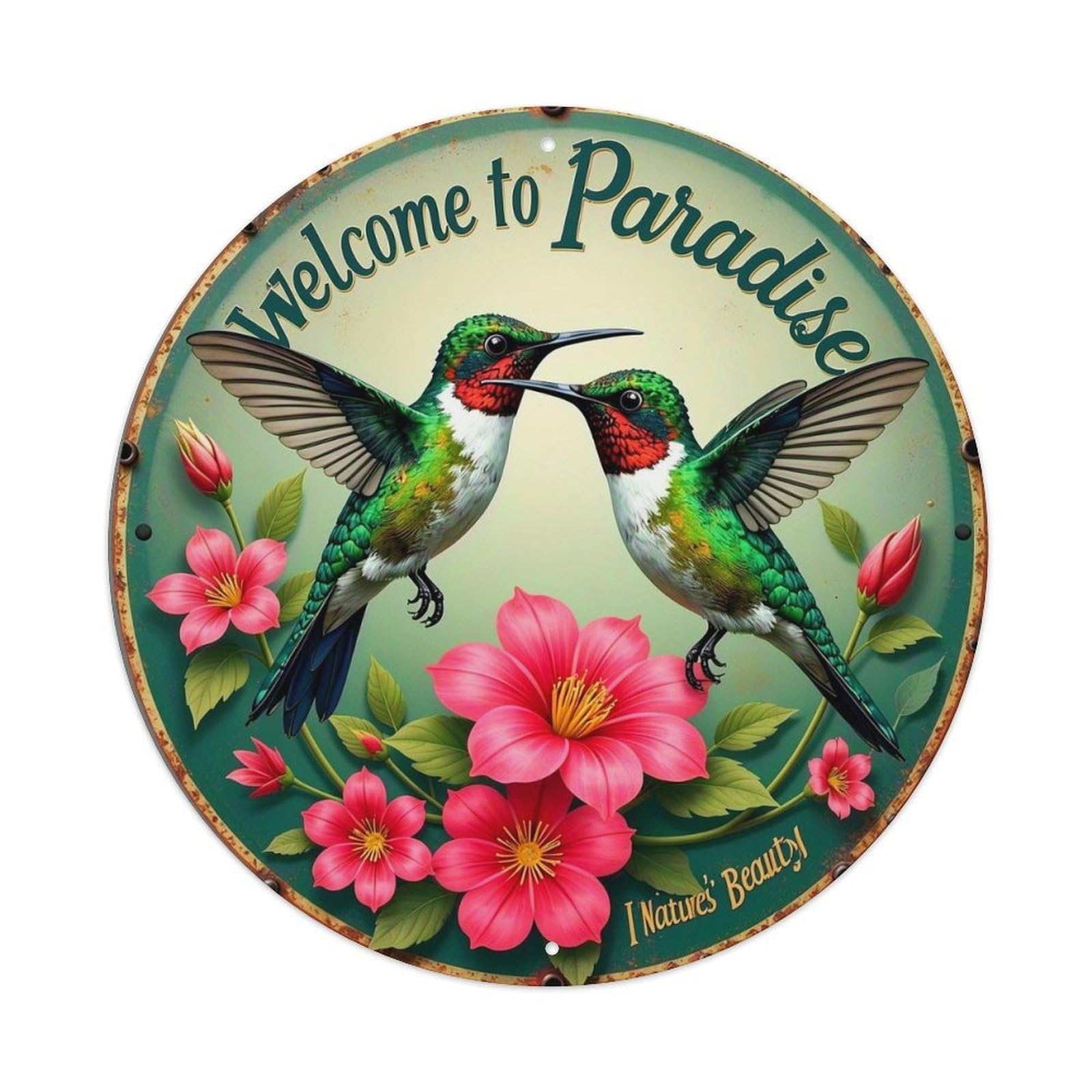 Hummingbirds Flowers Paradise Nature Beauty Round Metal Tin Sign Vintage Wall Decor, Bar Garage Cafe Kitchen Home Wall Art Poster 8x8inches