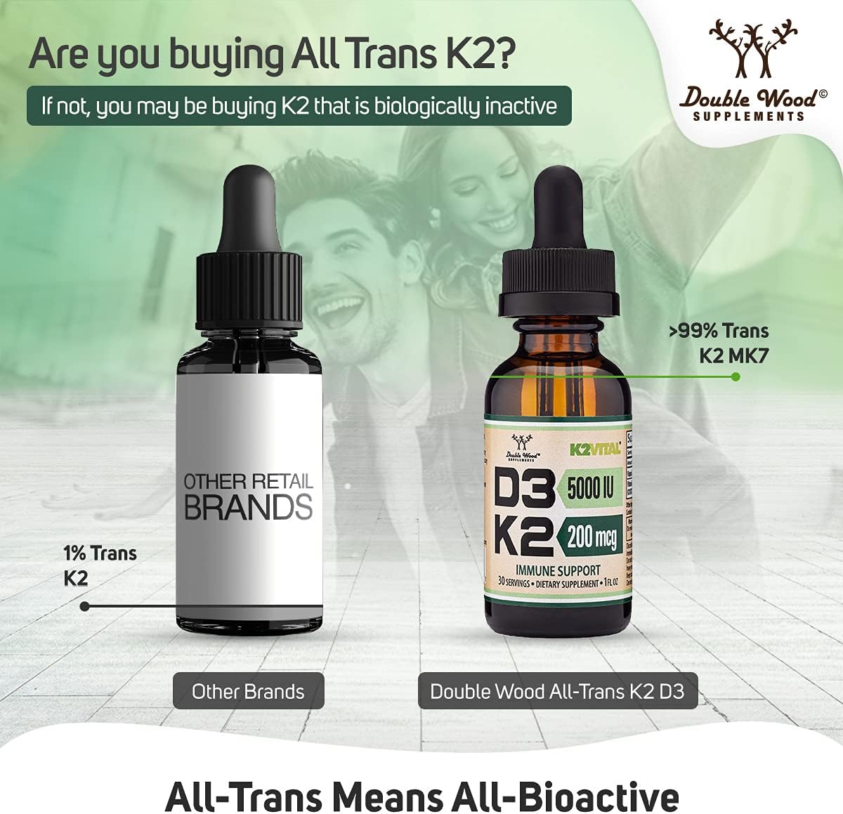 Vitamin D3 K2 5,000 IU Liquid Drops (5,000 IU of D3 and 200mcg of 99.9% All-Trans Patented K2 MK-7 (K2Vital)) Max Absorption Liquid Vitamin D Drops for Kids and Adults (30 Servings) by Double Wood