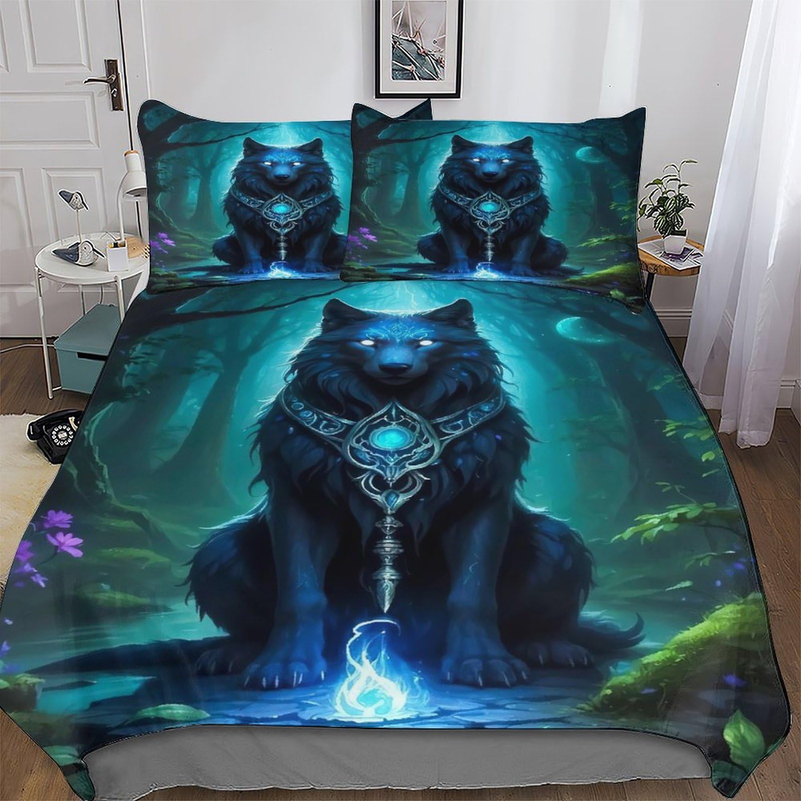 Housse de couette loup 200x200cm parure de lit douce et anti-plis facile à laver pour enfant et ado