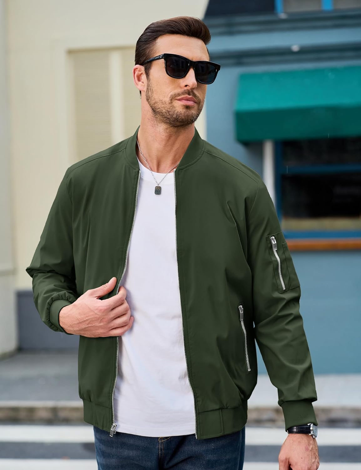 MAGCOMSEN Bomber Jacket Men Light Jacket Windproof Windbreaker Jacket Lightweight Bomber Jacket Casual Army Green M - Image 2