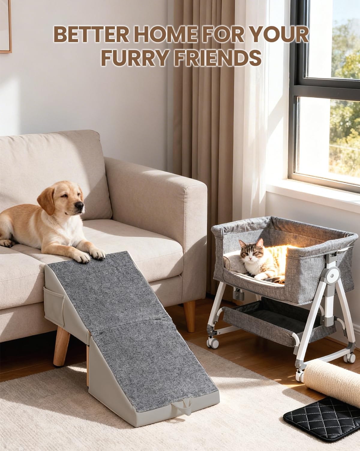 Dog Ramp for Couch & Bed, 2-in-1 Dog Stairs for Small and Medium Dogs & Cats, 16'' Indoor Pet Ramp with 23°Gentle Slope, Non-Slip Felt, Joint Protection for Senior & Injured Pets, Sturdy Ottoman-Style
