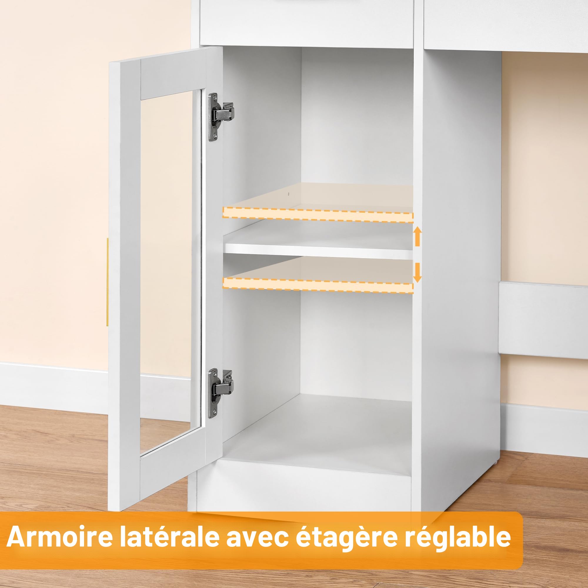 BEWISHOME Grande Coiffeuse avec Miroir et Lumières,Luminosité Réglable,Coiffeuse avec Plateau en Verre,Table de Maquillage avec Prise de Courant,Tiroirs,pour Chambre Blanc EFST34W
