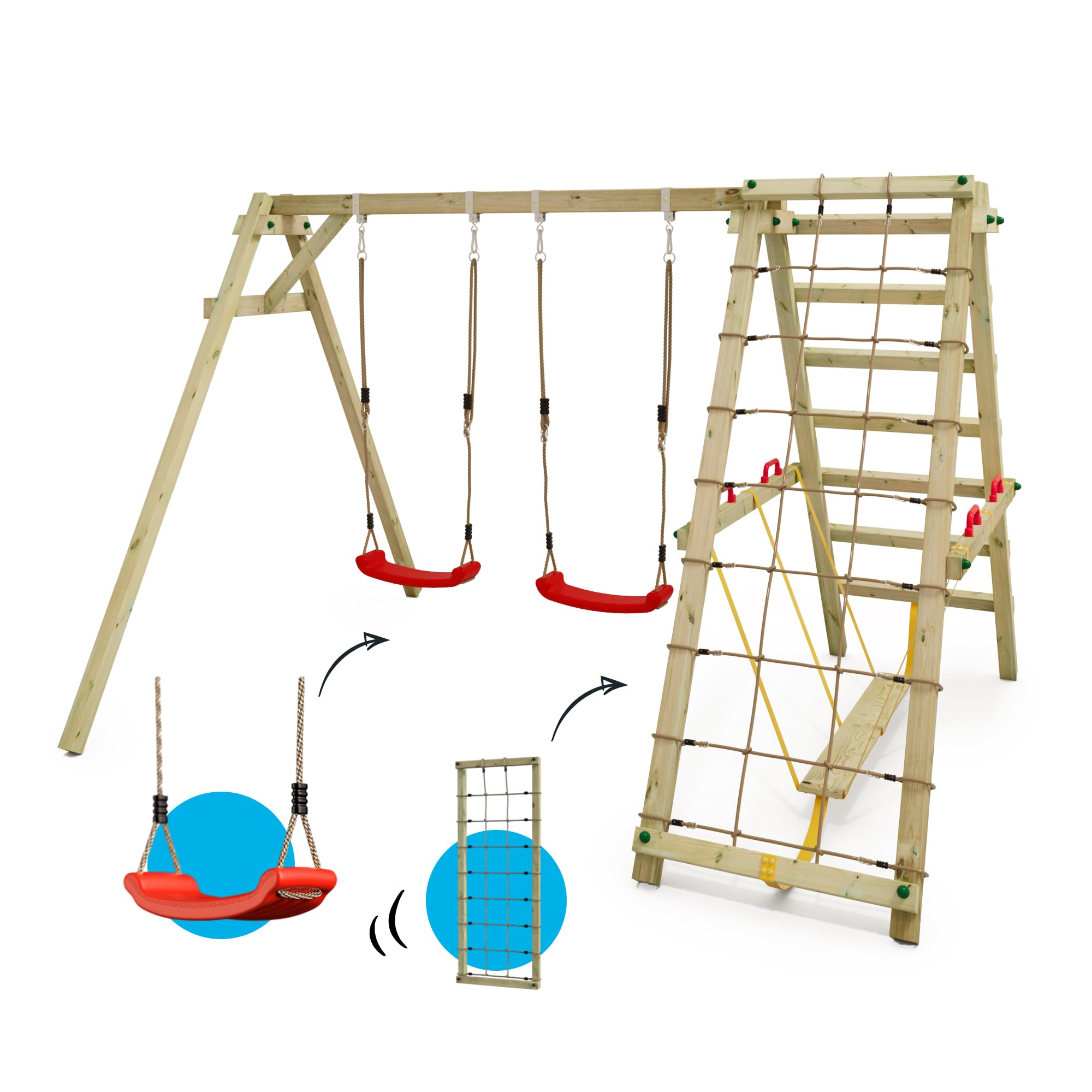 Columpio Infantil WICKEY Smart Hike Rojo - Columpio y SurfSwing, Columpio, Columpio Doble, Columpio de Madera con Accesorio de Escalada para niños en el jardín
