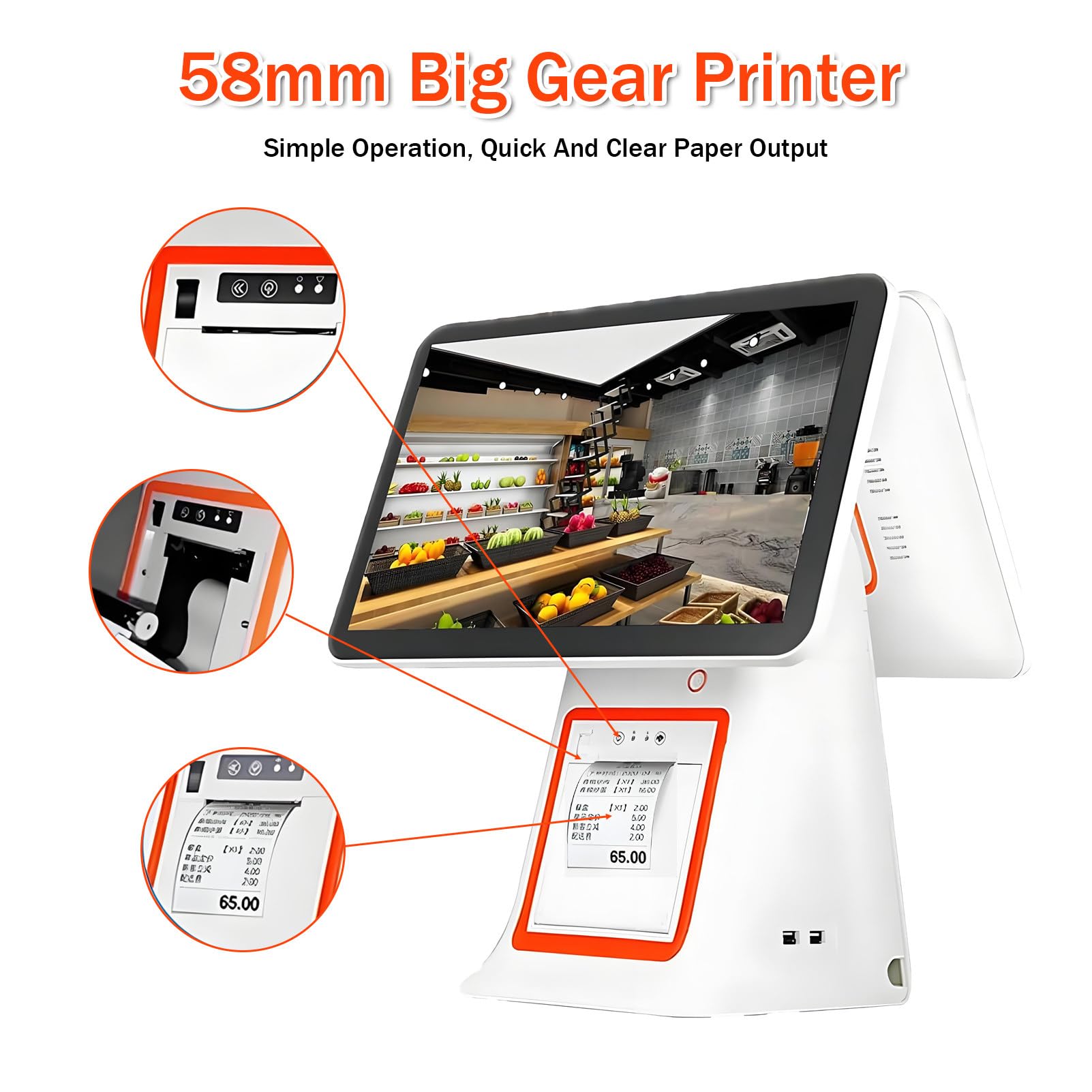 Sistema- TPV Profesional Todo en uno para pequeñas Empresas, Caja registradora con Pantalla táctil de 15,6" e Impresora de Recibos integrada, Pantalla para Clientes. White