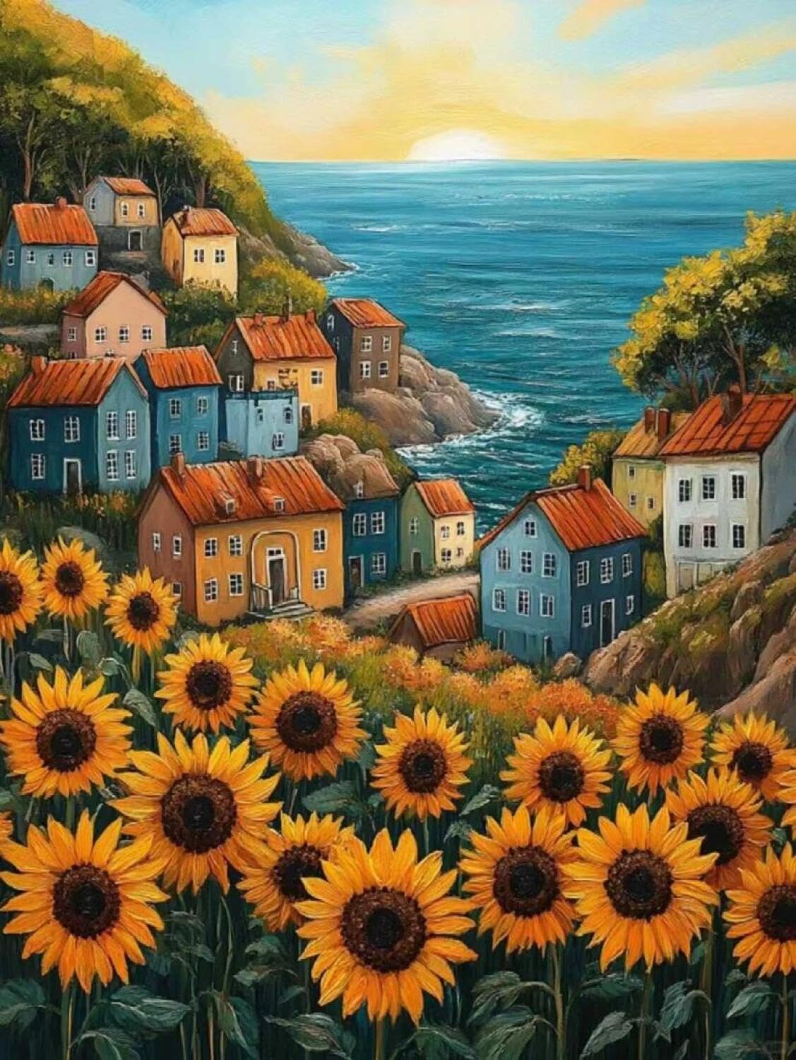 Rqwybcaxn Seed Bead Embroidery Kits Seaside Fishing Village 40x50cm