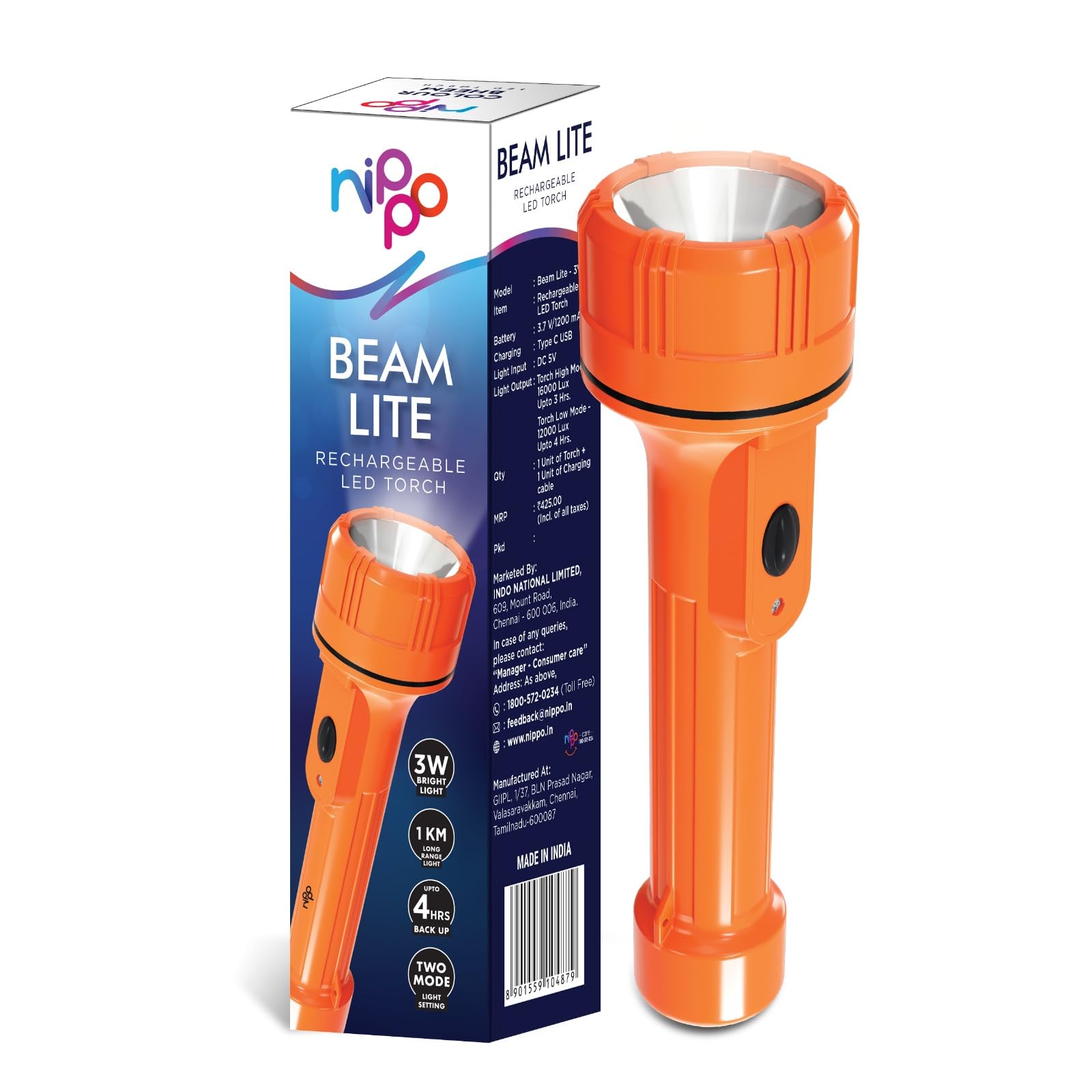 Nippo Beam Lite | 3W Li-Ion Rechargeable LED Torch | Long Range