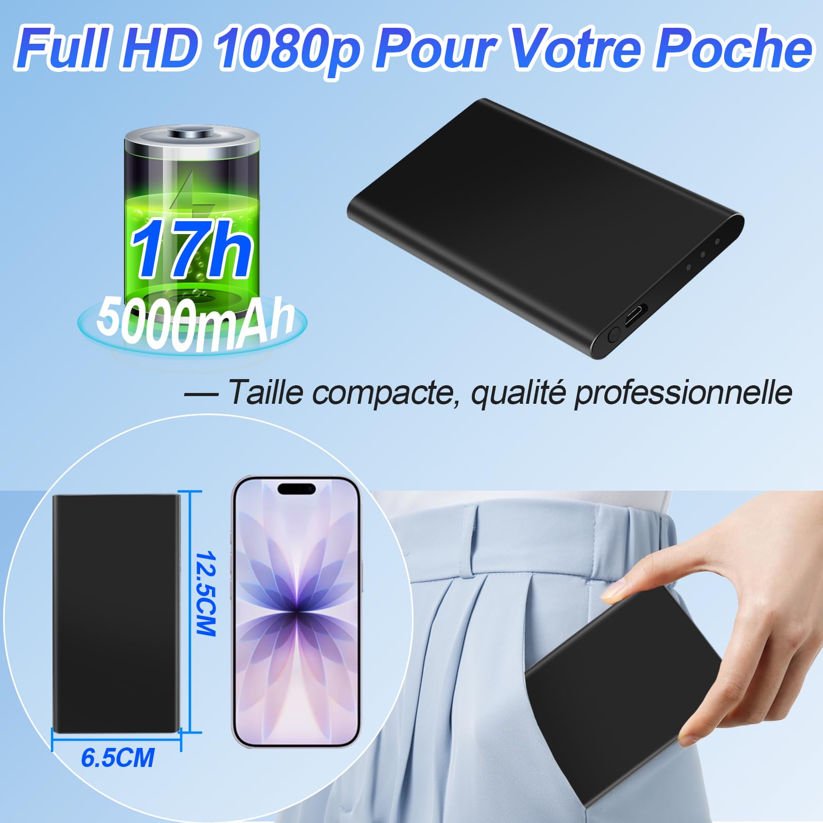 Caméra Espion Power Bank, Double Fonction 1080P HD Caméra Cachée Power Bank, Batterie 5000 mAh pour 17 Heures D'enregistrement avec Câble USB 3-en-1