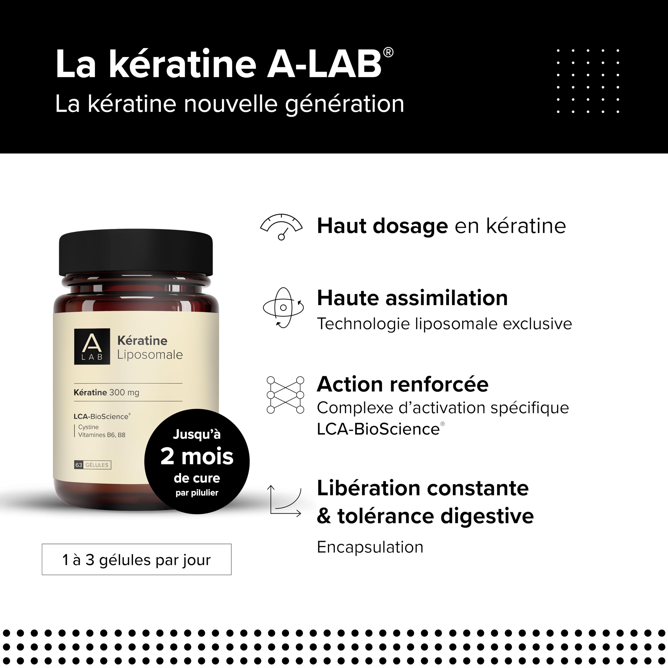 Keratine Liposomale 300mg - Cheveux, Ongles, Peau - Biotine, Vitamine B6, L-Cystine - A-Lab - 1 à 3 Gélules Par Jour