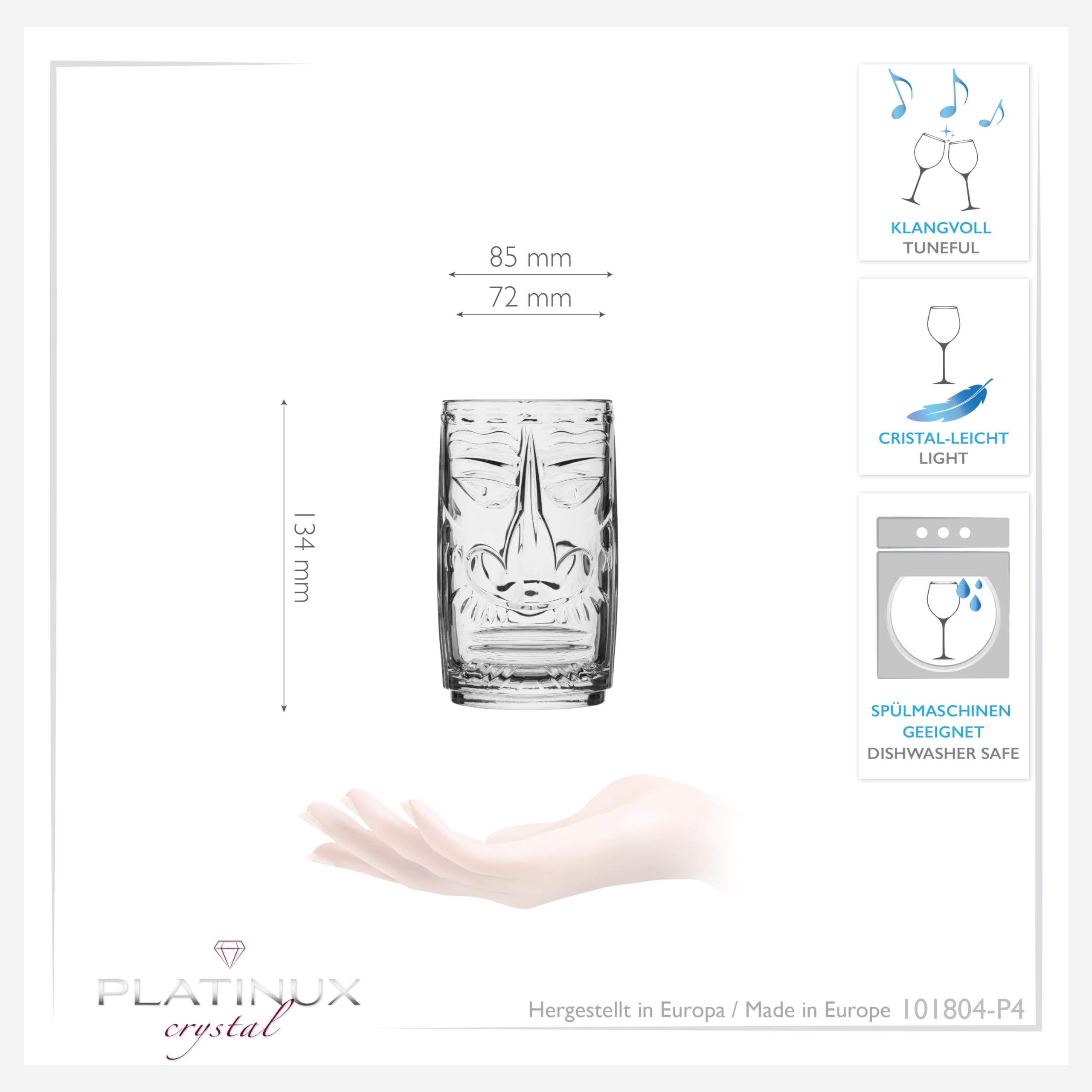 PLATINUX Juego de 6 vasos Tiki de cristal, 450 ml (máx. 500 ml), vasos de cóctel hawaianos