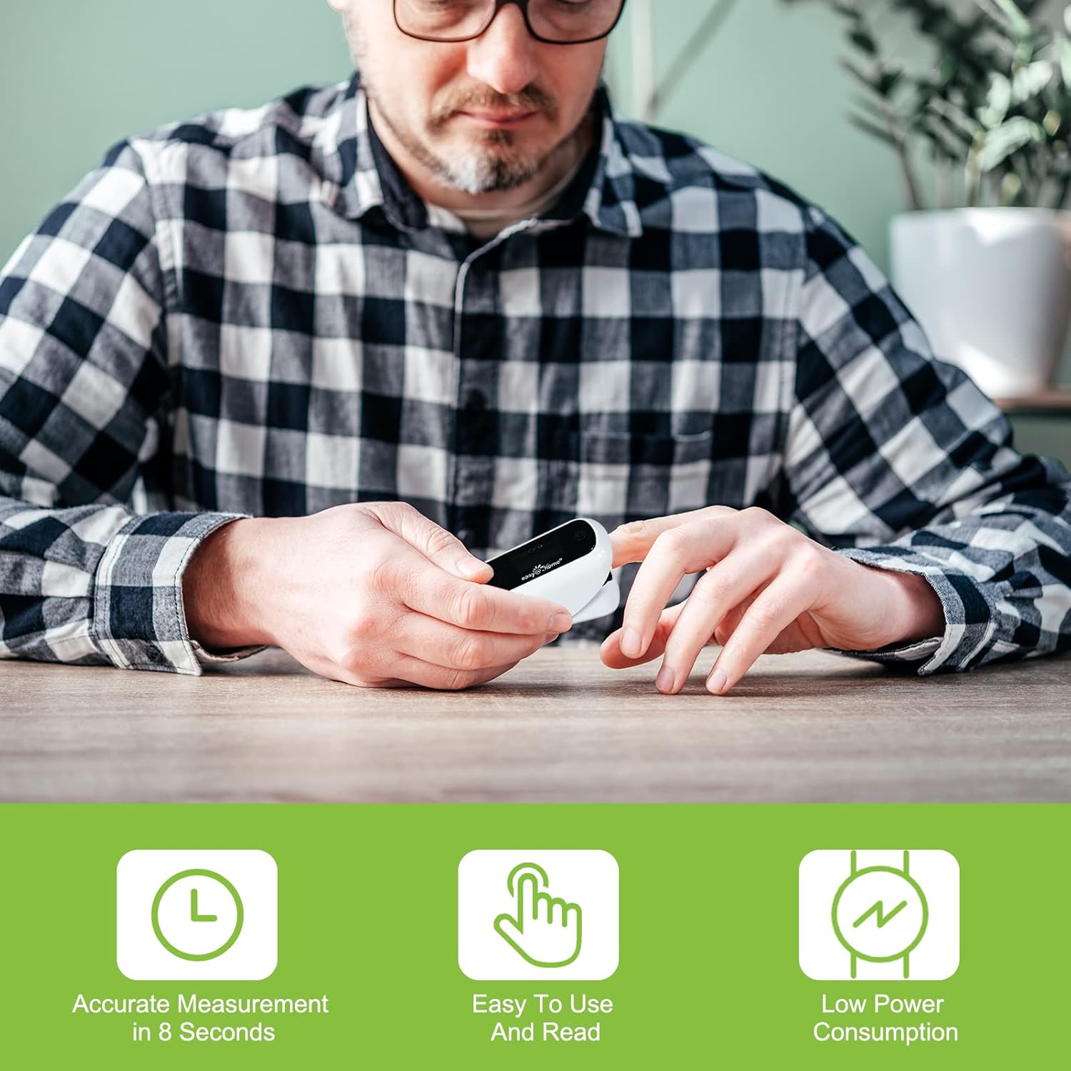 Person using oximeter, with icons for Accurate Measurement, Easy To Use, Low Power Consumption