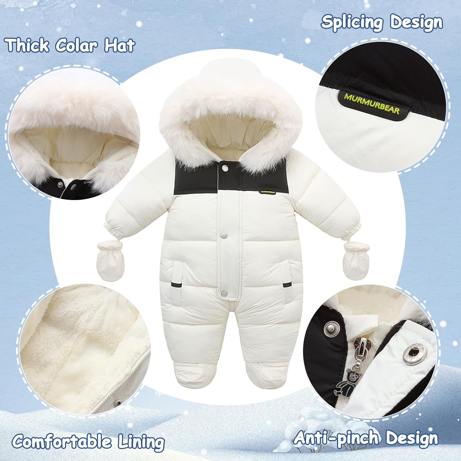 Fairy Baby Infant Baby Winter Snowsuit Coat Romper Hooded Double Zipper Fur Collar Warm Jumpsuit for Boys Girls 6-24 Months - Image 3
