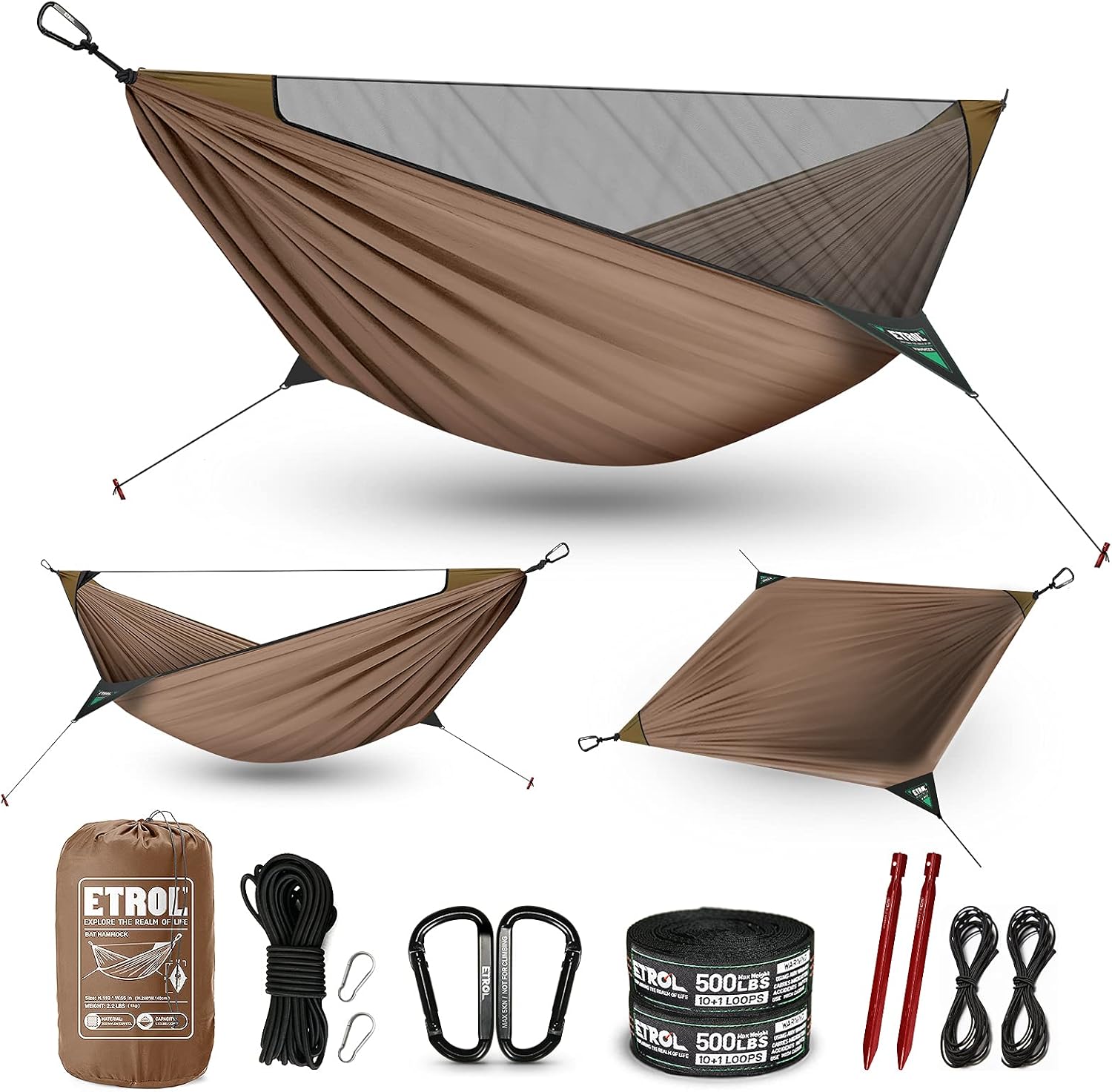 ETROL Camping Hammocks - 2 in 1 Portable Hammock with Mosquito Net,Lightweight Double Hammock for Outdoor,Indoor,Travel,Backpacking,Patio,Beach- Tree Straps,Carabiners,Ridgeline, Nails, Elastic Rope