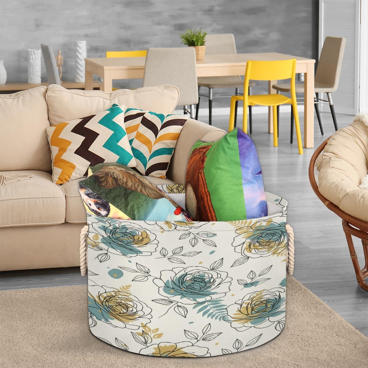 Large Storage Baskets - Rose Floral Nursery Round Collapsible Organizer Bin Box, Laundry Hamper for Kids Toys, Blanket, Bedroom Living Room Home Decor, Gift Basket, 19.4"x13.3"