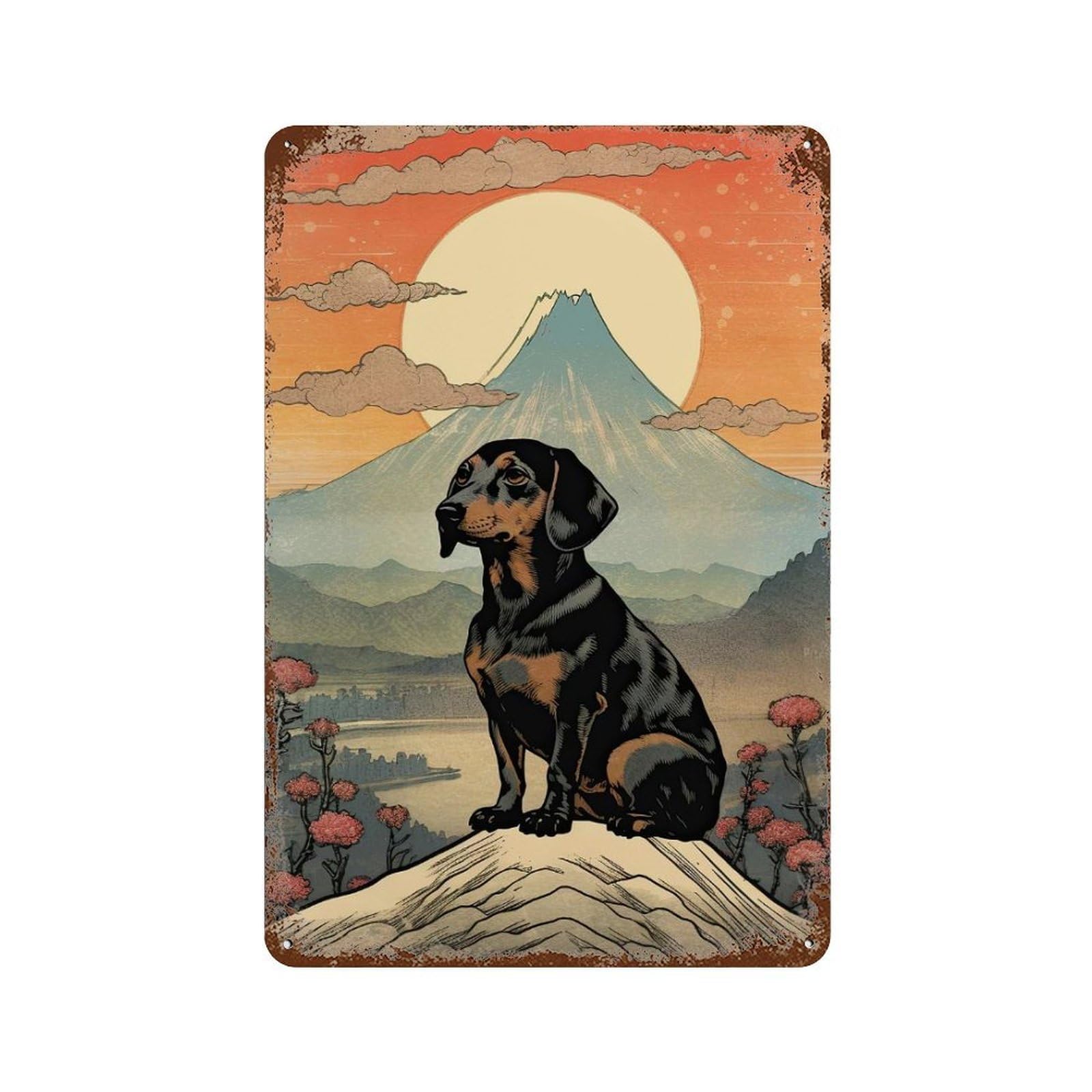 Vintage Rust Metal Sign with Dachshund Mount Fuji Design 11.8"x7.9", for Farmhouse, Kitchen And Entryway Decor, Novelty Wall Decor