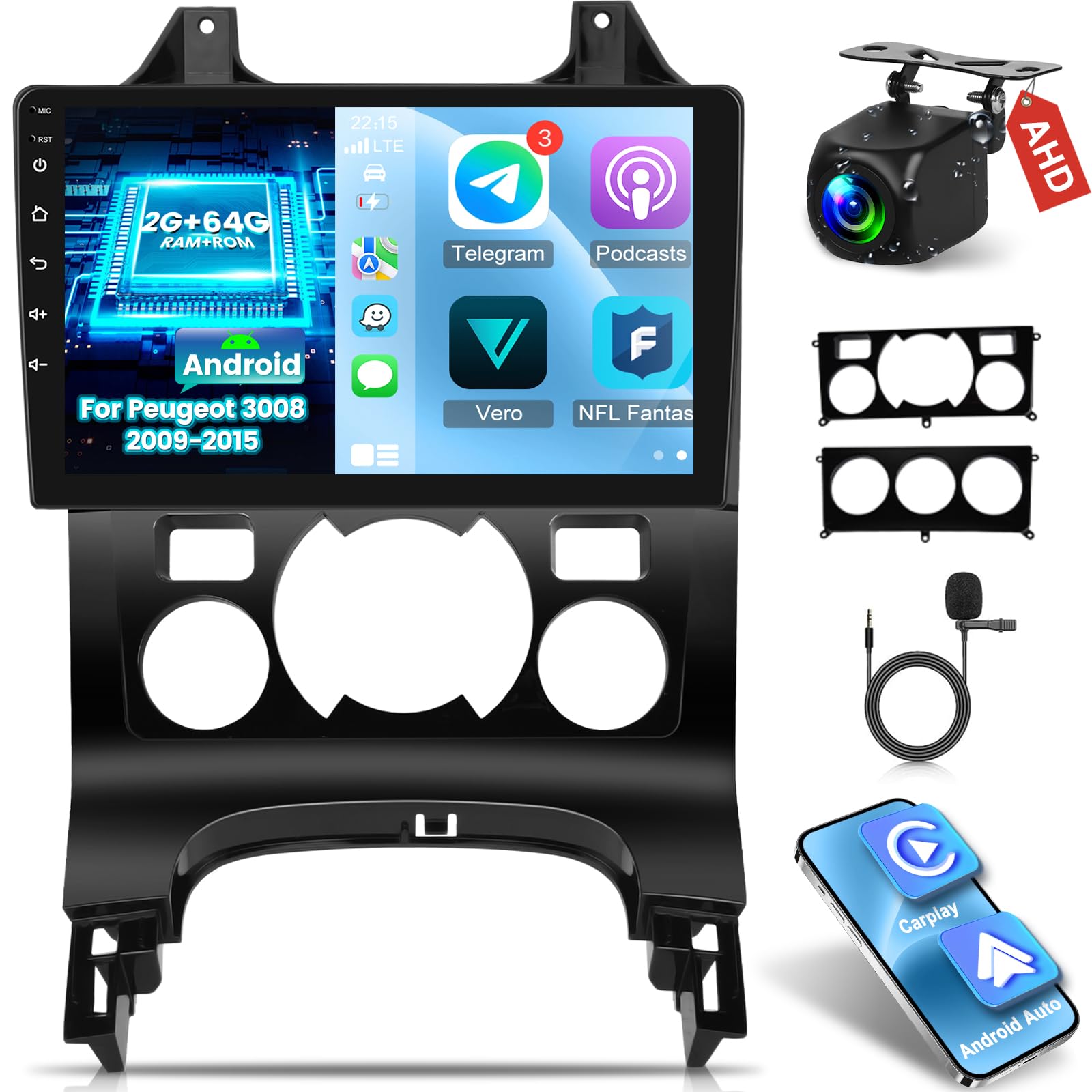 NHOPEEW 2+64G Autoradio pour Peugeot 3008 2009-2015 - sans Fil Carplay & Android Auto - Autoradio 9 Pouces Android avec WiFi GPS EQ FM RDS + AHD Caméra de recul&Mic