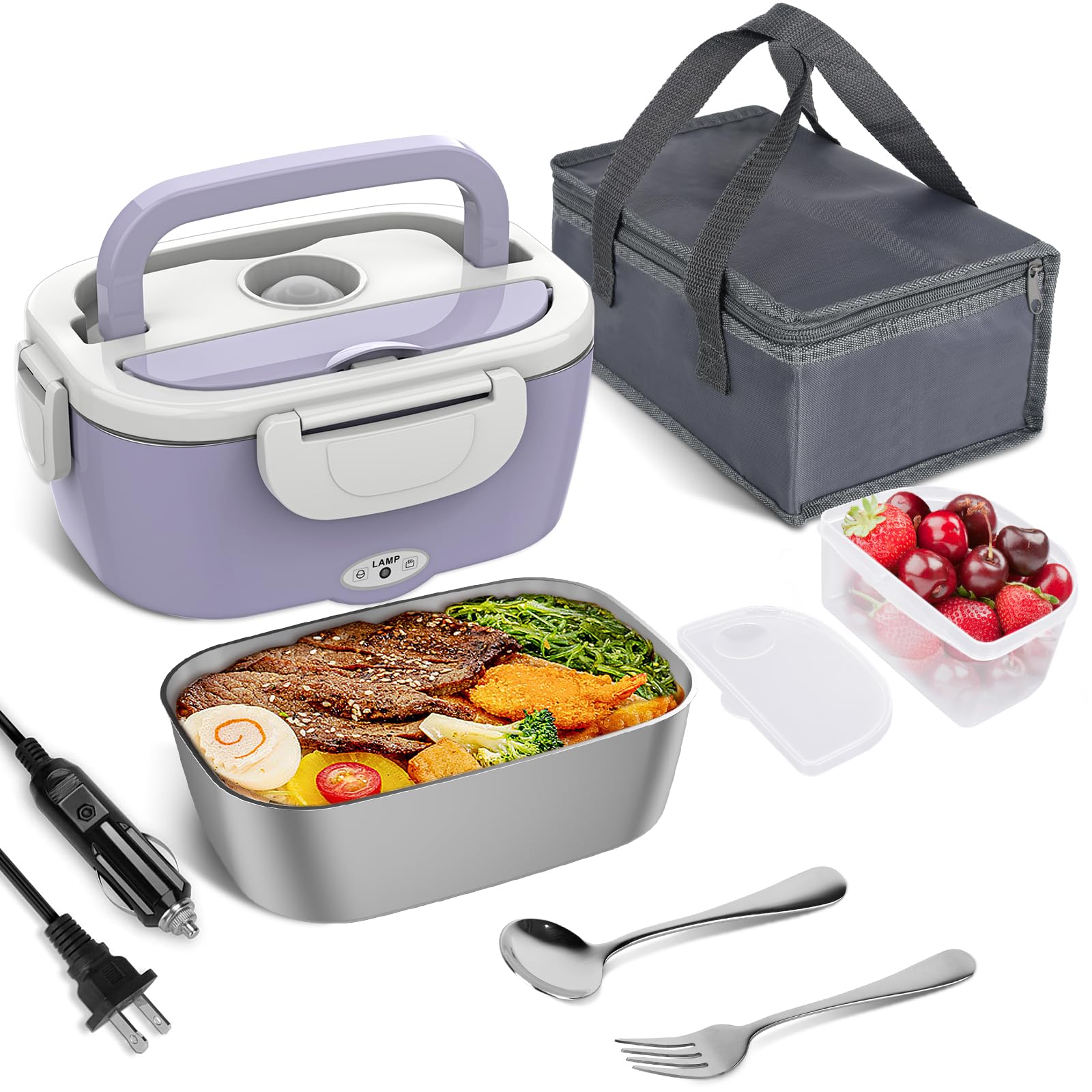Vabaso Electric Lunch Box Food Heater, Electric Heating Lunch Boxes Lunch for Adults/Men/Car/Truck/Work, 80W 1.5L Removable 304 Stainless Steel Container, 110V/12V/24V, with Fork & Spoon