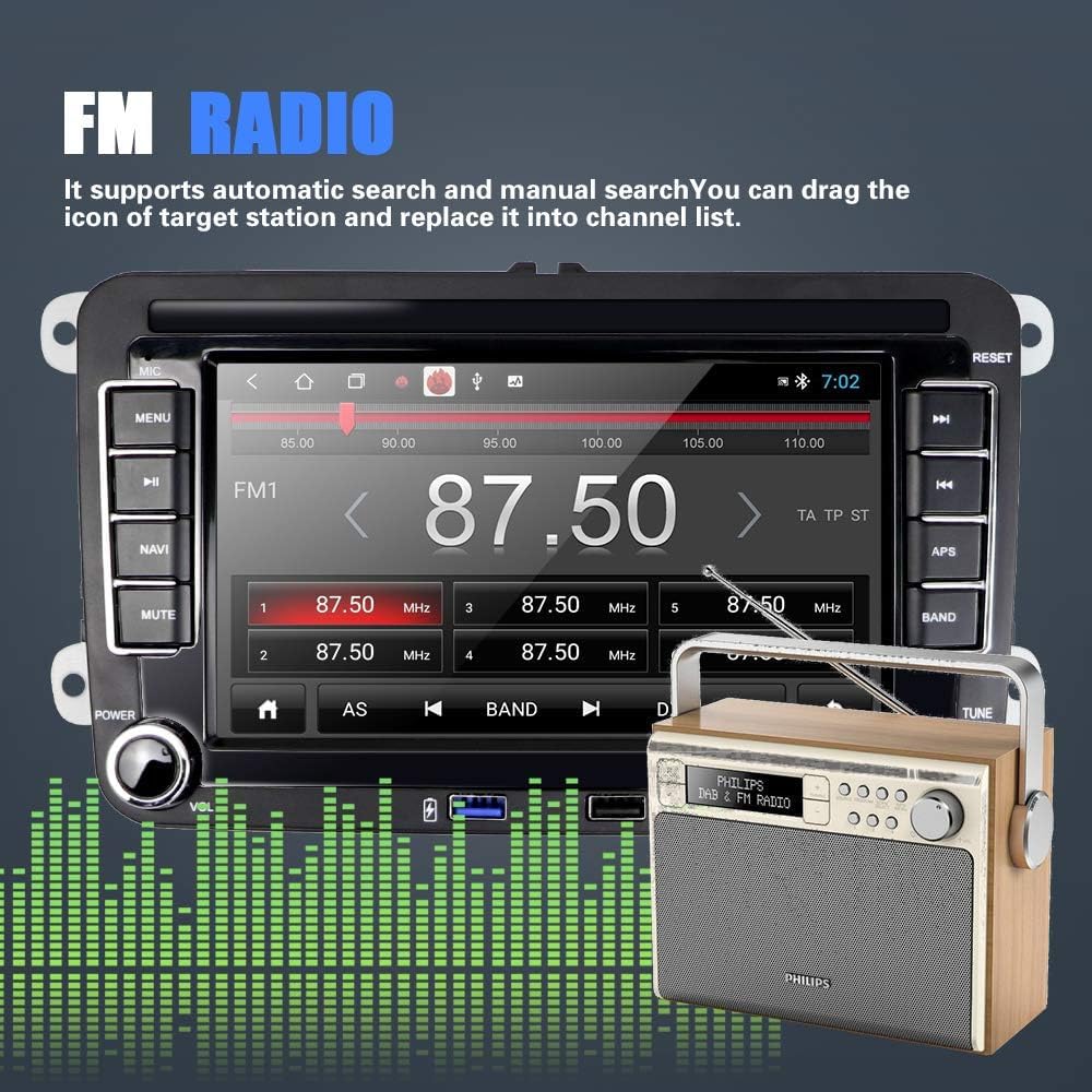 CAMECHO 2+32G Android 13 Radio de Coche GPS con Pantalla Táctil 7 Pulgadas para VW Golf Skoda Seat,Radio 2 DIN con Bluetooth Manos Libres FM Enlaces Espejo Mandos Volante+Canbus