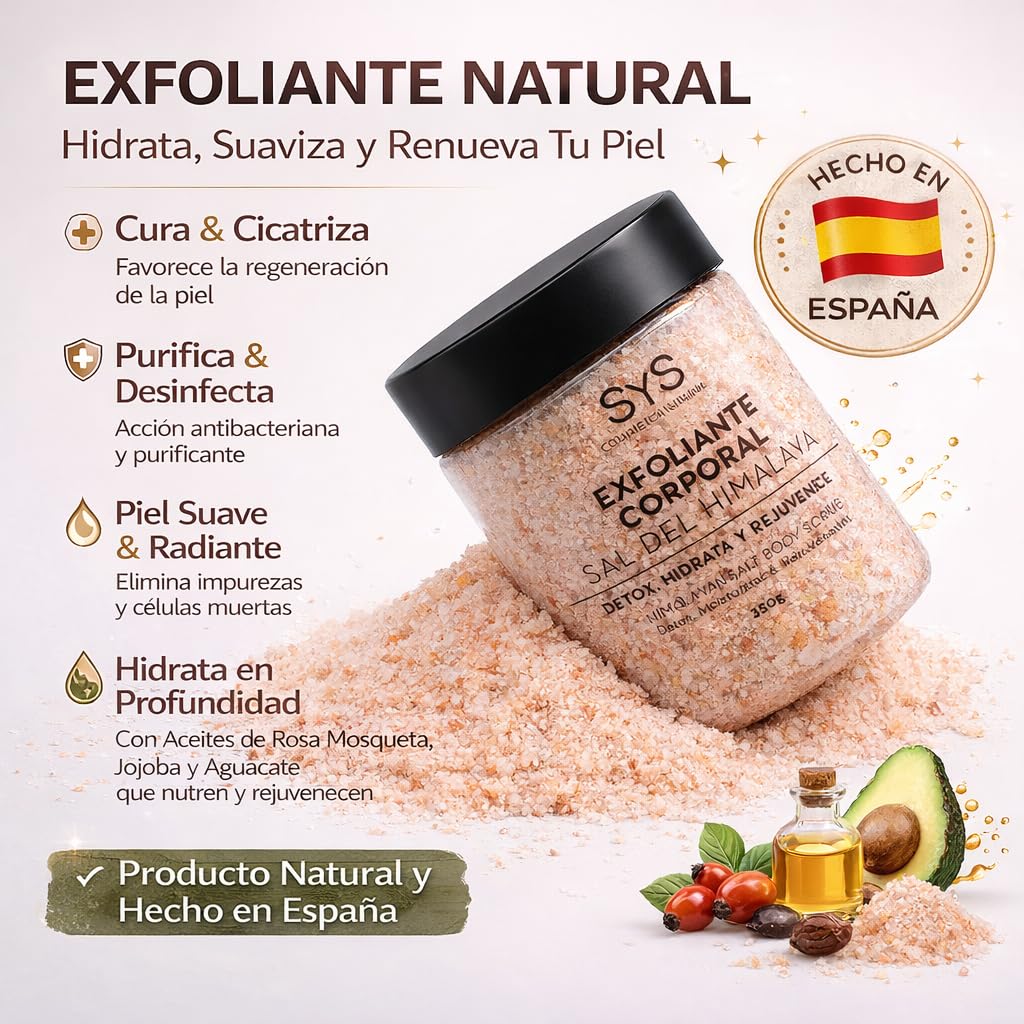 SYS Exfoliante Corporal Natural Sal Rosa del Himalaya 350 g Aceites de Rosa Mosqueta y Aguacate Vegano