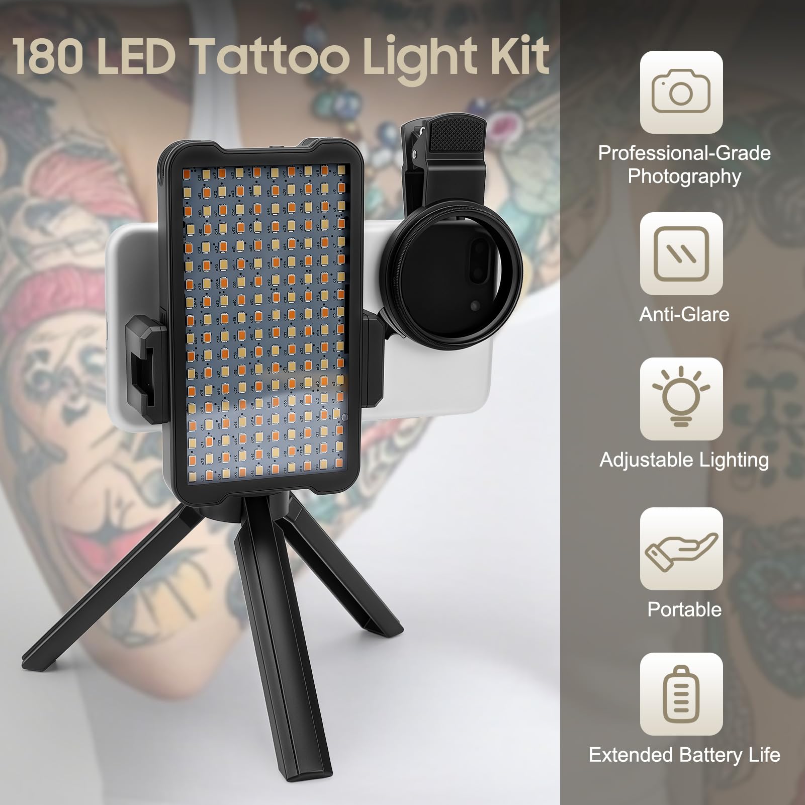 Kit de lampe de tatouage 180 LED avec lentille de filtre CPL de 52 mm, réglage de la luminosité et retrait réfléchissant, panneau lumineux pour smartphones et appareils photo, pour photographie